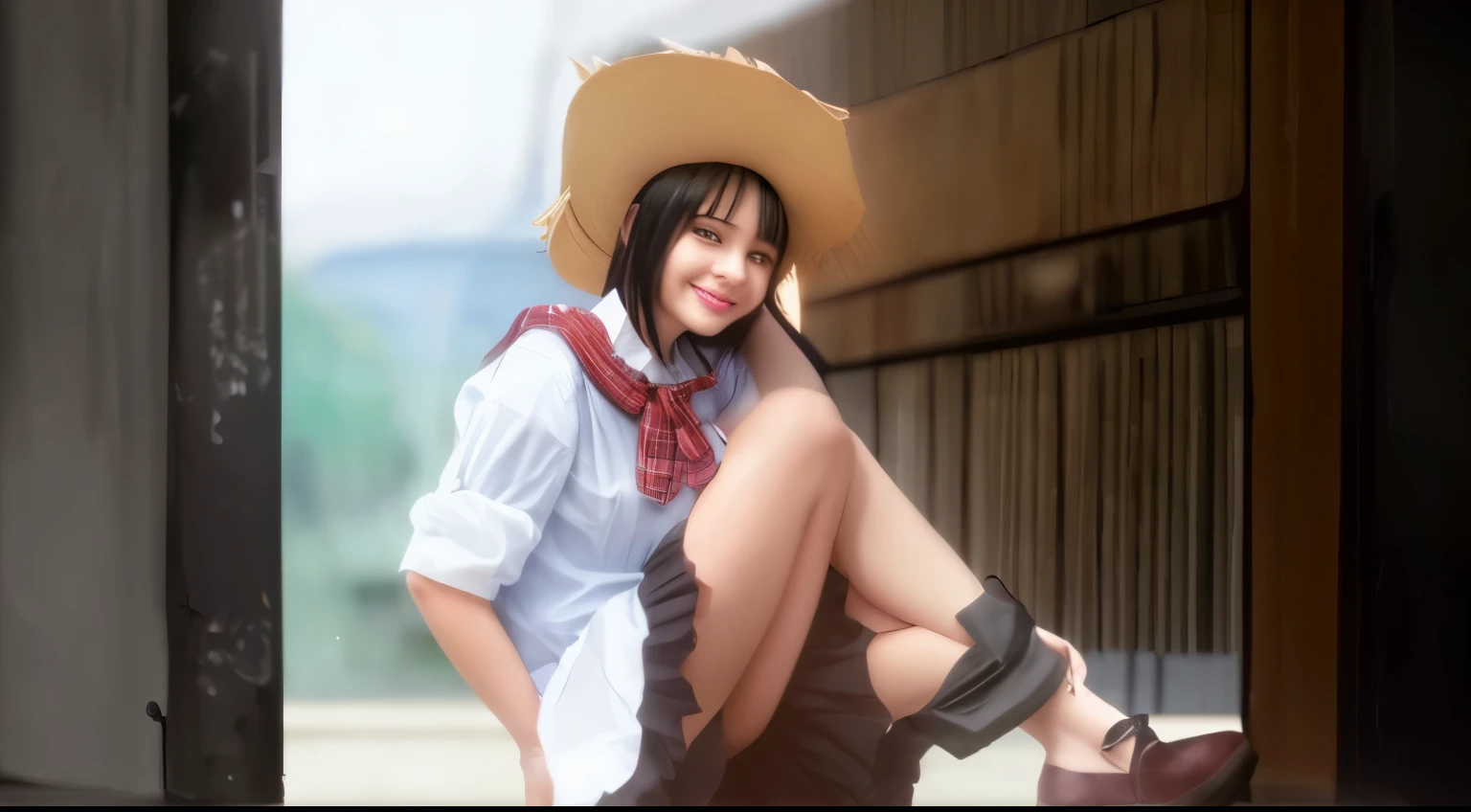 realistic, 1girl, black hair, short skirt, face cute,sweet smile .