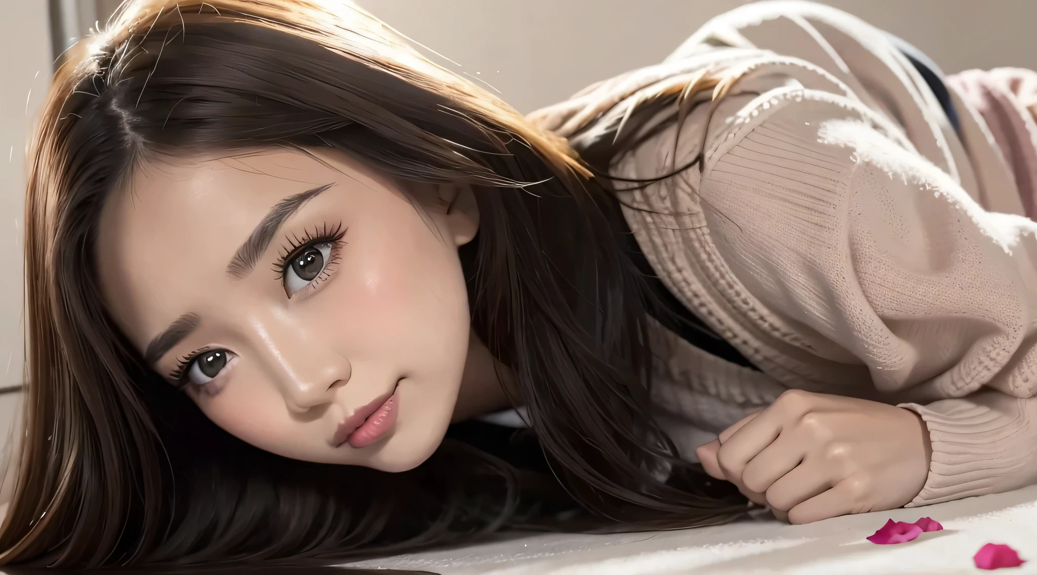 a girl walking on the river, mix 4, sweater, pillow, lips, Open_mouth, realistic, photograph_\(Moderately\), alone, packed_animal, packed_toy, teddy_bear,(masterpiece),(photographrealistic:1.3), Super detailed, (high resolution skins:1.2),(highest quality:1.0), (ultra high resolution:1.0), (Ulzzang-6500:0.3), wavy thin hair, long hair, sunlight, (Beautiful detailed makeup), (Sexually aroused blushing heavy breathing:1.0), Scattered with flower-themed petals, (soft glove room:0.5)  smile、16k　written boundary depth
