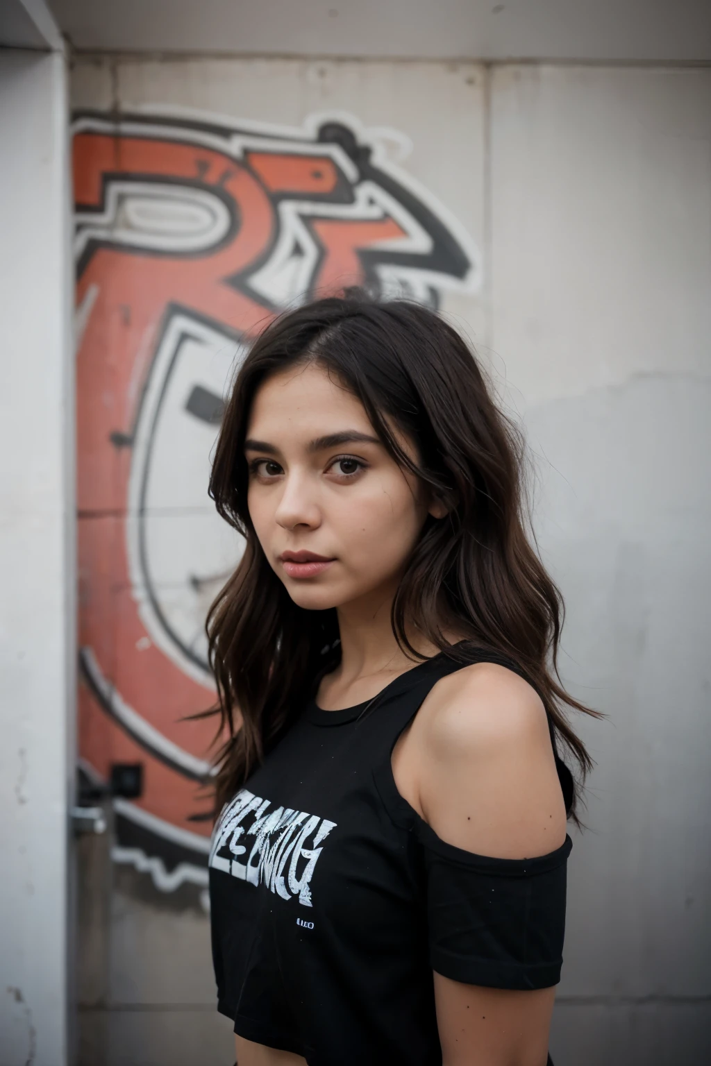 mujer influencer de pelo largo negro y ondulado con ropa urbana, in the background an alley wall with graffiti, foto, illustration, typography, portrait photography