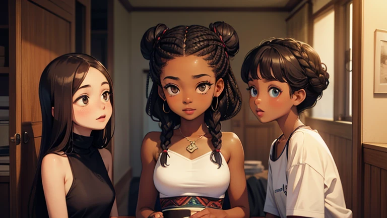 There are 3 black girls, black girl number 1 is wearing goddess braids in a bun up, black girl number 2 is wearing goddess braids down, theres a black girl who has a hijab, theres another black girl with a natural small afro. Theres a tan girl who has straight brown hair.