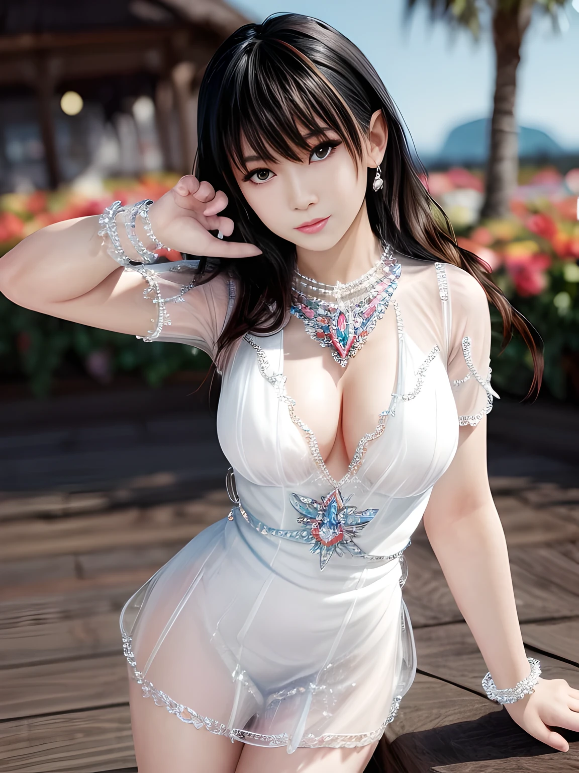 First-person perspective,1 girl,seven waves,(Wearing an ice crystal embellished dress:1.5),((flower shop)),jewelry,tattoo,at night, full_moon,Lips slightly open, lustful smile, lustful, sexy pose,red lips,charming figure,Charming cleavage,(masterpiece:1.5),( best quality:1.4),(Reality:1.4), detailed,8K，The art of math,detailed头发,expressive eyes, perfect face, real fingers,depth of field,Similar colors,Warm colors,soft light,low contrast,hard shadow, 流行超Reality,(bright colors:1.3),