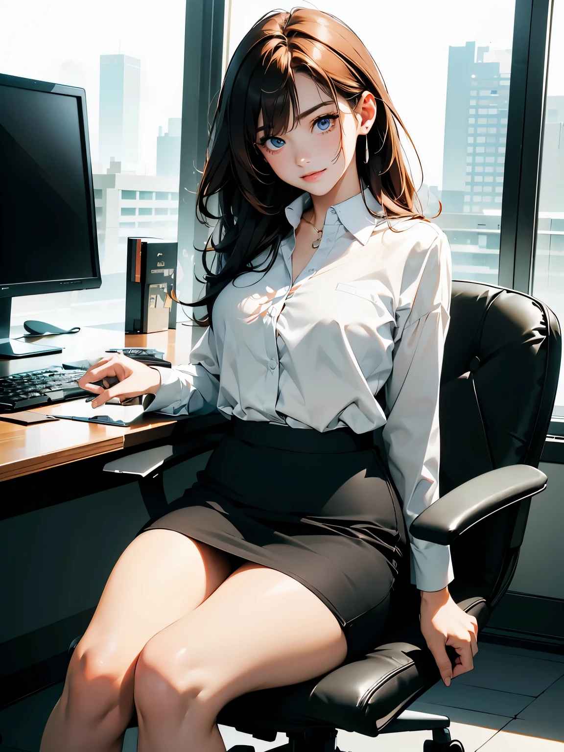 masterpiece、high resolution 8k、NSFW、sharp focus、contrast lighting、fine skin、muste piece、 highest quality、Ultra - High resolution、Super high resolution、Highly detailed CG、stock exchange、large office room、many large monitors、desk computer、trading、document、stock、chart screen、Horizontal focus male OL、woman is sitting on a chair、beautiful eyes、(Detailed face and iace:1 2)、narrow eyes、almond eye、Black pupil、eye gradation eye highlight:1.2)、(light reddish brown hair、middle、asymmetrical bangs)、(ID card、Blazer for office wear shortage、white cutter shirt、black pencil skirt、pumps)、(plump lips、gross、glossy lips、small breast size) 、(oval face : 1.4)、(thin fingers、fine arms、detailed human hand)、laughter half open、teeth visible