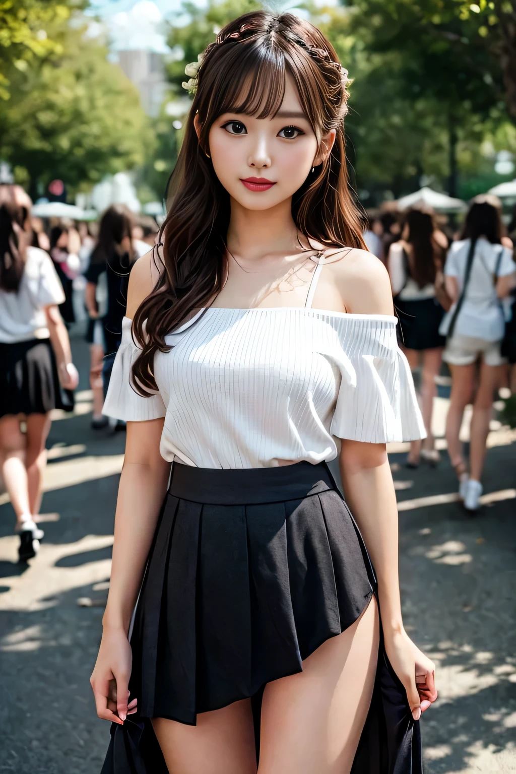 extremely detailed CG unity 8k wallpaper, best quality, ultra-detailed, masterpiece, realistic, photo realistic, extremely detailed cute girl, 20years old, (skirt lift), ((skirt lift by myself)), wearing off-shoulder shirt , black color, white panties , panties focus, blush, parted lips, looking at viewer , half body shot , (crowd), (crowded park), long hair