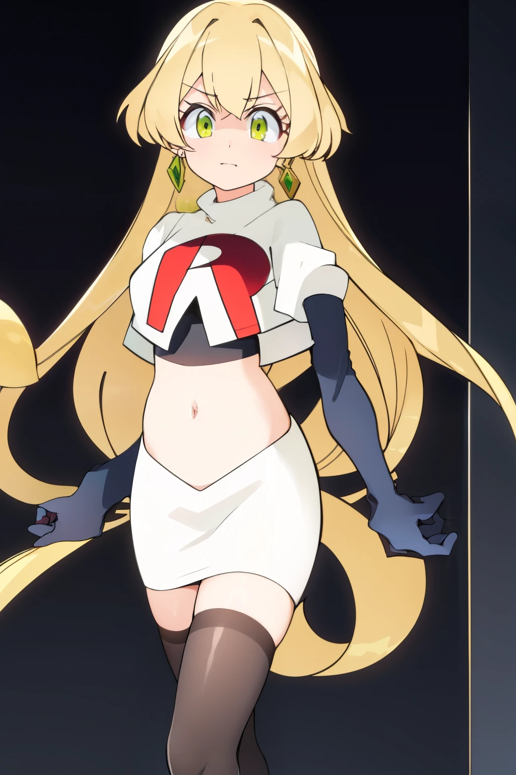 teleasterpiece), best quality,  earrings, jewelry, blonde hair, long hair, green eyes, 1girl, looking at viewer, solo, bangs, petite, team rocket,team rocket uniform,white skirt,red letter R,crop top,black thigh-highs,black elbow gloves,