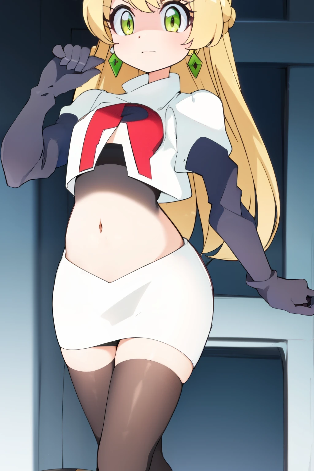 teleasterpiece), best quality,  earrings, jewelry, blonde hair, long hair, green eyes, 1girl, looking at viewer, solo, bangs, petite, team rocket,team rocket uniform,white skirt,red letter R,crop top,black thigh-highs,black elbow gloves,