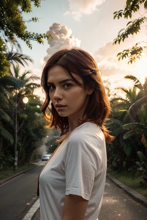 An epic wallpaper of beautiful super half shot of a beautiful red hair woman in a street in the middle of a rainforest, spring season, morning steam, mist, sunset, sundisc, golden hour, dramatic lighting, hyperrealistic digital art, trending on artstation, intrincate, high detailing, FOV