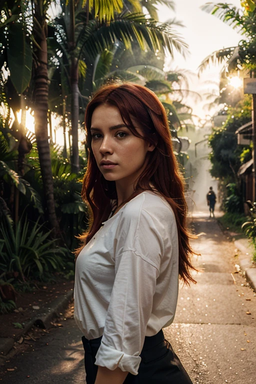 An epic wallpaper of beautiful super half shot of a beautiful red hair woman in a street in the middle of a rainforest, spring season, morning steam, mist, sunset, sundisc, golden hour, dramatic lighting, hyperrealistic digital art, trending on artstation, intrincate, high detailing, FOV