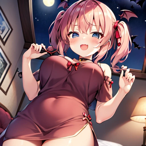 cute face Angle from directly below big breasts pose of temptation、laughter charm Rear angle choker Cute Dresses vampire princess room bed little bat flying in the middle of the night emphasize the chest