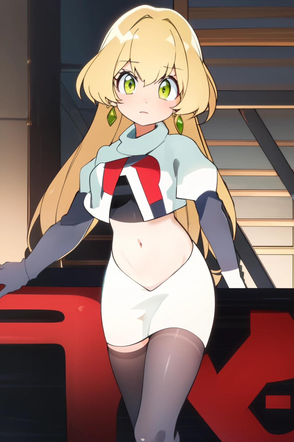 teleasterpiece), best quality,  earrings, jewelry, blonde hair, long hair, green eyes, 1girl, looking at viewer, solo, bangs, petite, team rocket,team rocket uniform,white skirt,red letter R,crop top,black thigh-highs,black elbow gloves,