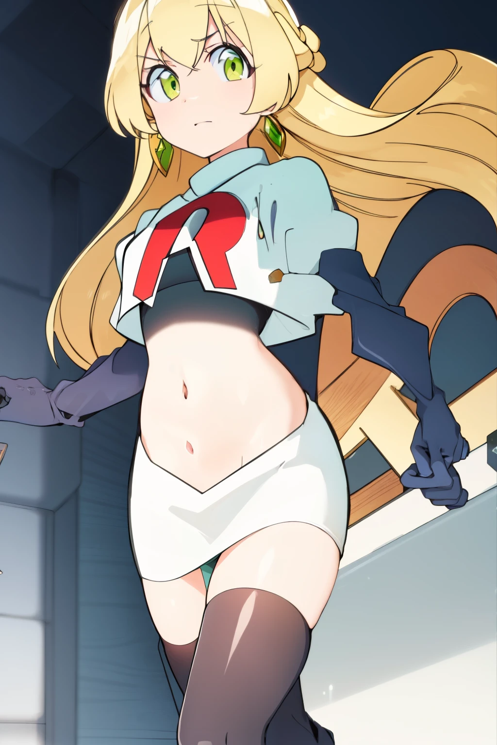 teleasterpiece), best quality,  earrings, jewelry, blonde hair, long hair, green eyes, 1girl, looking at viewer, solo, bangs, petite, team rocket,team rocket uniform,white skirt,red letter R,crop top,black thigh-highs,black elbow gloves,