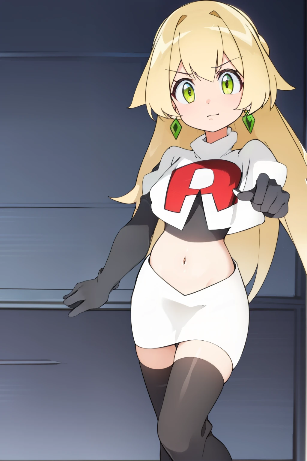 teleasterpiece), best quality,  earrings, jewelry, blonde hair, long hair, green eyes, 1girl, looking at viewer, solo, bangs, petite, team rocket,team rocket uniform,white skirt,red letter R,crop top,black thigh-highs,black elbow gloves,