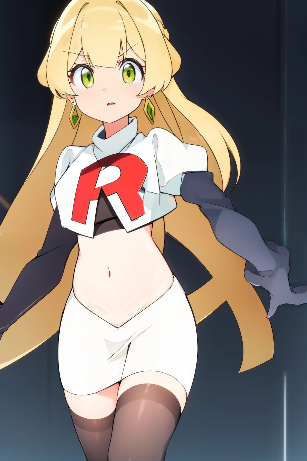 teleasterpiece), best quality,  earrings, jewelry, blonde hair, long hair, green eyes, 1girl, looking at viewer, solo, bangs, petite, team rocket,team rocket uniform,white skirt,red letter R,crop top,black thigh-highs,black elbow gloves,