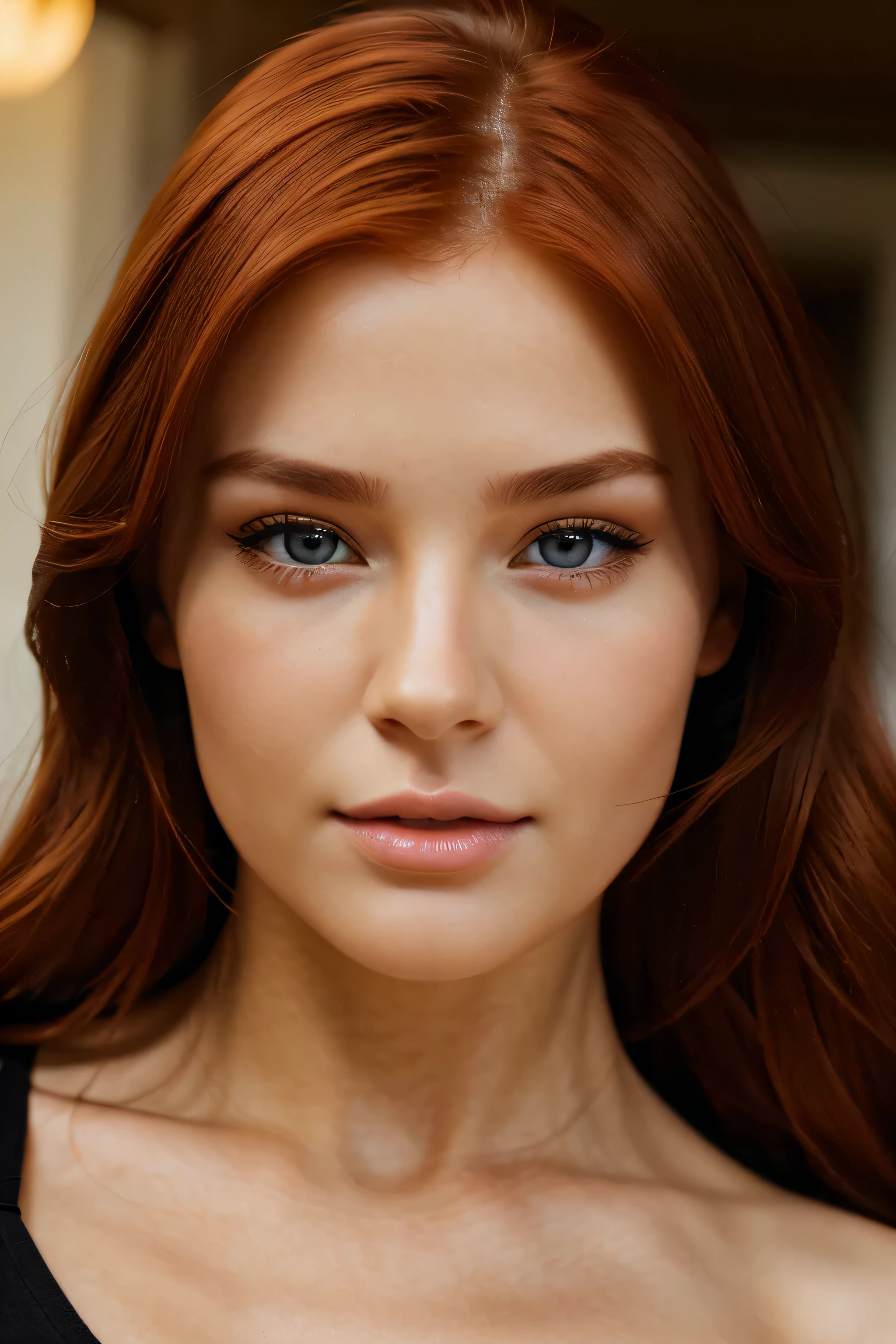 generates a young woman's face, perfect definition, totally realistic, light eyes, red hair, extreme beauty