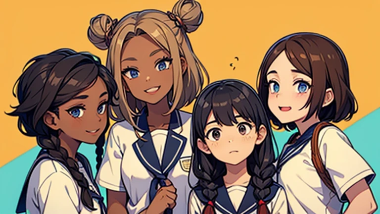 There are 3 black girls, black girl number 1 is wearing braids in a bun up, black girl number 2 is wearing goddess braids down, theres a black girl who has a hijab, theres another black girl with a natural small afro. Theres a tan girl who has straight brown hair. They're wearing school uniform.