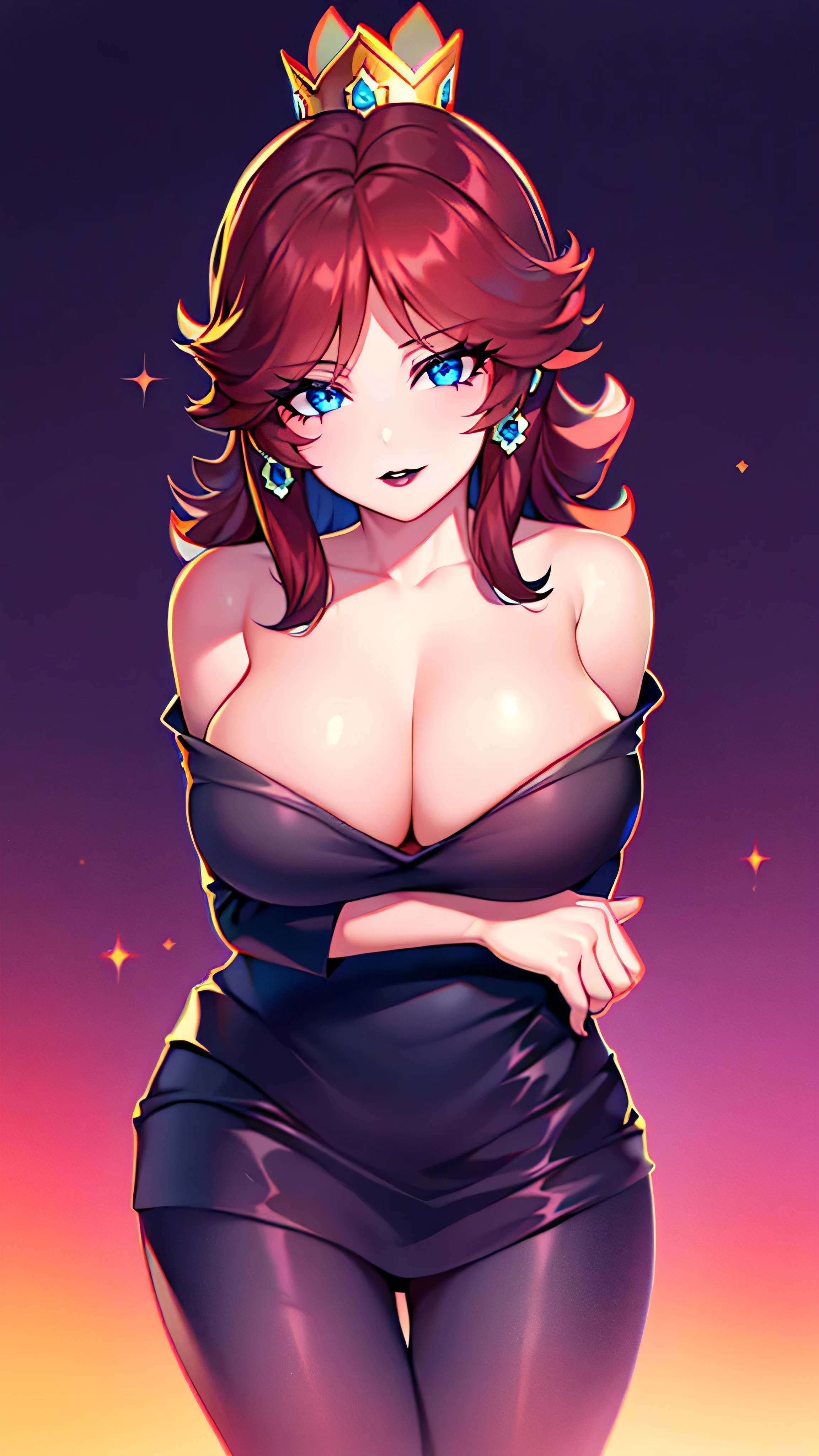 ((high detailed, best quality, 4k, masterpiece, hd:1.3)), Mushroom kingdom landscape, Princess Daisy, neon blue eyes, BREAK blue eyes, seductive, attractive, sexy smile, smiling, smooth anime cg art, 34C boobs, long legs, vivid colors, detailed digital art, slim body, perfect skin, dark red hair, long hair, dark hair, red hair, BREAK crown, cleavage, 34C cleavage, looking at viewer, BREAK looking at viewer, extremely detailed face, full body, earrings, gem, dark black makeup lips, dark gothic eyeshadows, dark eyeshadows, black eyeshadows, black sexy lips, black lips, dark lips, very dark lips, (perfect hands, perfect anatomy), black makeup, detailed fingers, five fingers per hand, 5 fingers, (1 girl), detailed lips, detailed black lips, black painted lips, gothic painted lips, BREAK night, (breast focus), (breasts out:1.3), (off shoulder:1.1), (hands behind head:1.3),