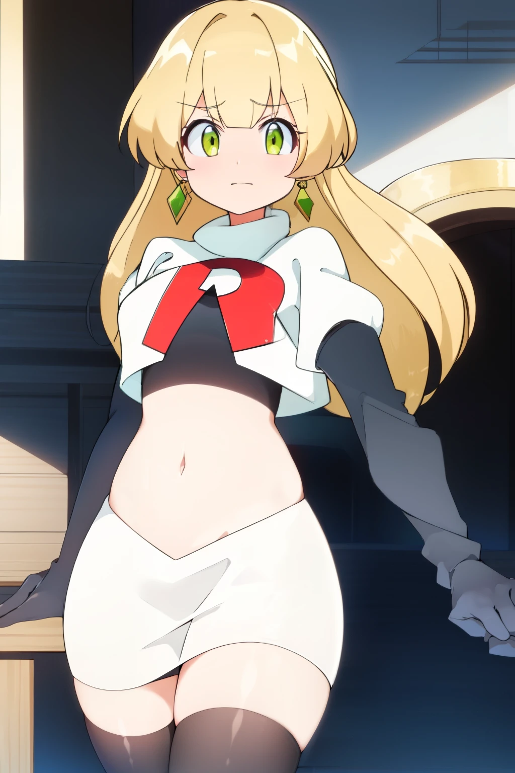 teleasterpiece), best quality,  earrings, jewelry, blonde hair, long hair, green eyes, 1girl, looking at viewer, solo, bangs, petite, team rocket,team rocket uniform,white skirt,red letter R,crop top,black thigh-highs,black elbow gloves,