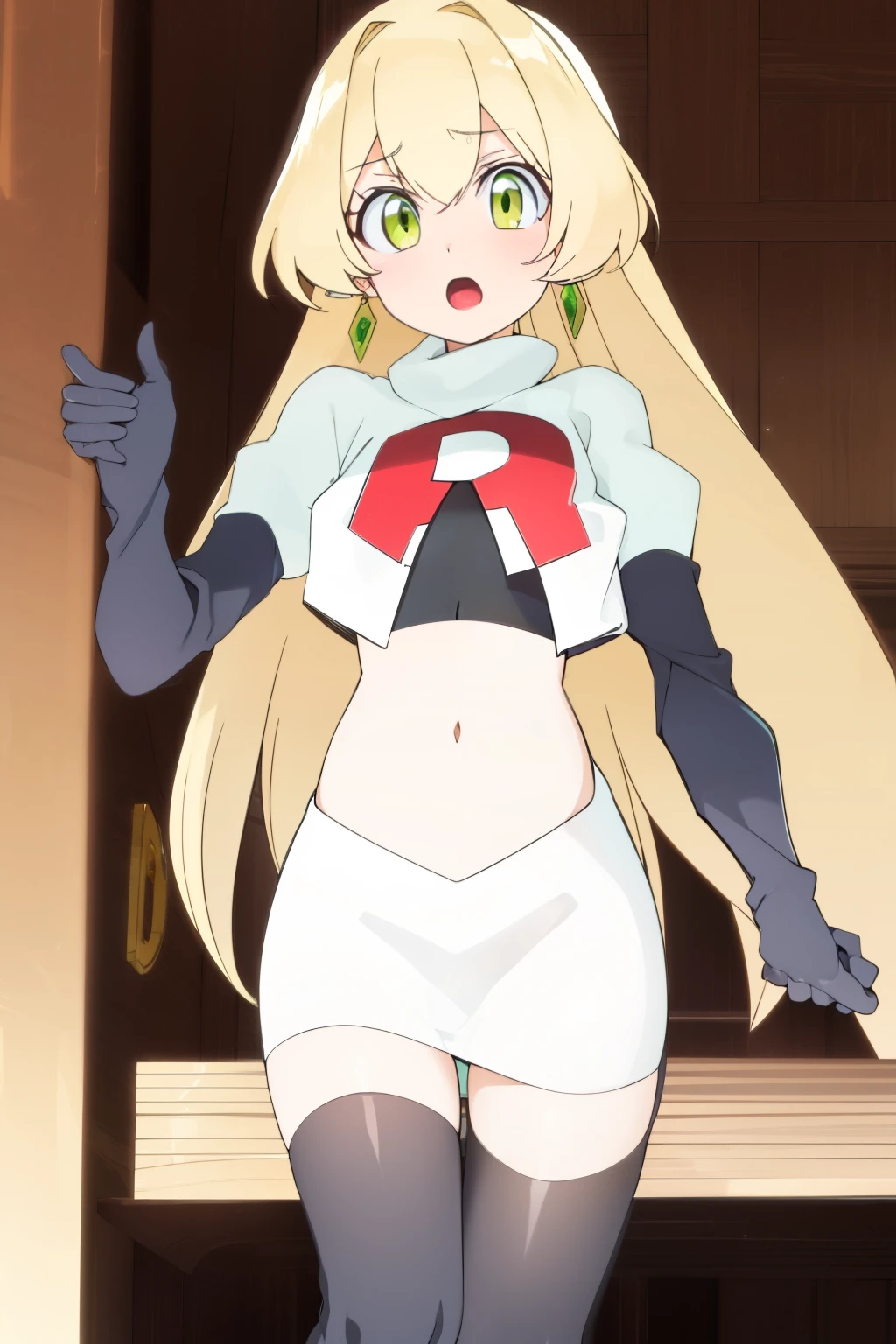 teleasterpiece), best quality,  earrings, jewelry, blonde hair, long hair, green eyes, 1girl, looking at viewer, solo, bangs, petite, team rocket,team rocket uniform,white skirt,red letter R,crop top,black thigh-highs,black elbow gloves,