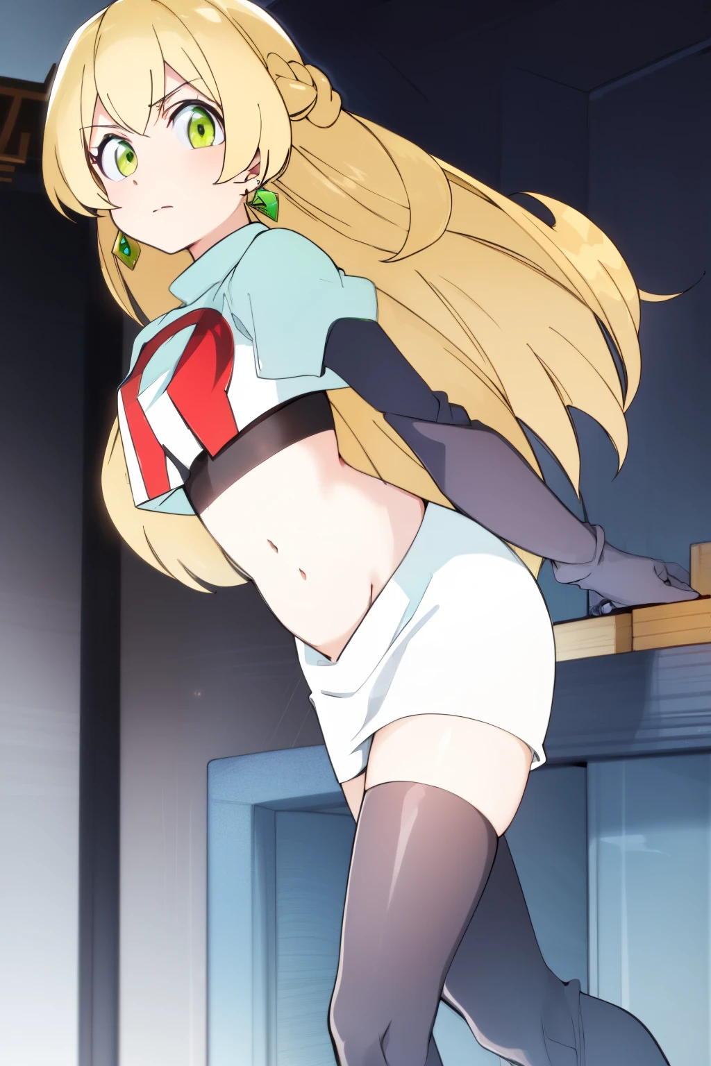 teleasterpiece), best quality,  earrings, jewelry, blonde hair, long hair, green eyes, 1girl, looking at viewer, solo, bangs, petite, team rocket,team rocket uniform,white skirt,red letter R,crop top,black thigh-highs,black elbow gloves,