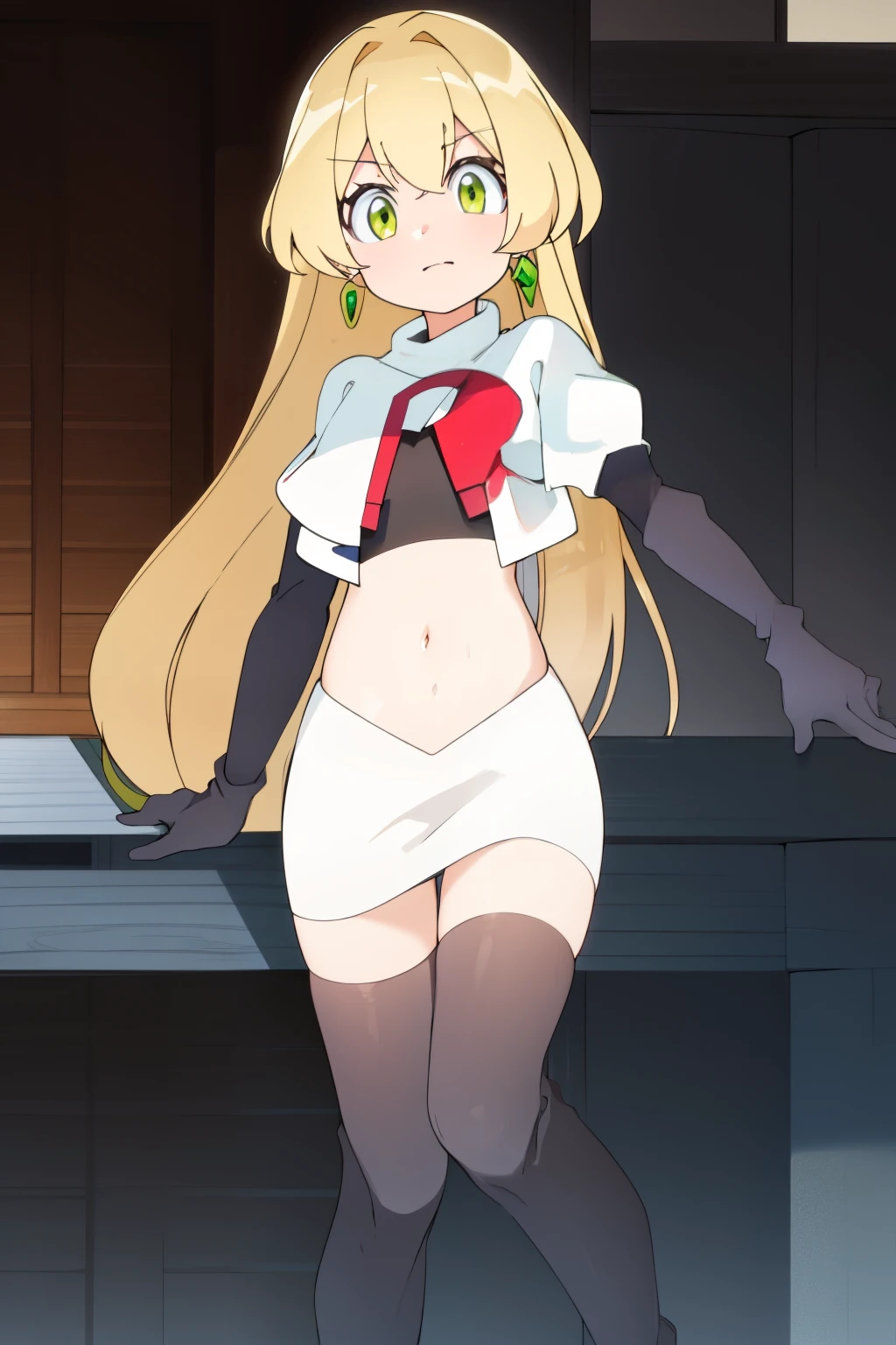 teleasterpiece), best quality,  earrings, jewelry, blonde hair, long hair, green eyes, 1girl, looking at viewer, solo, bangs, petite, team rocket,team rocket uniform,white skirt,red letter R,crop top,black thigh-highs,black elbow gloves,