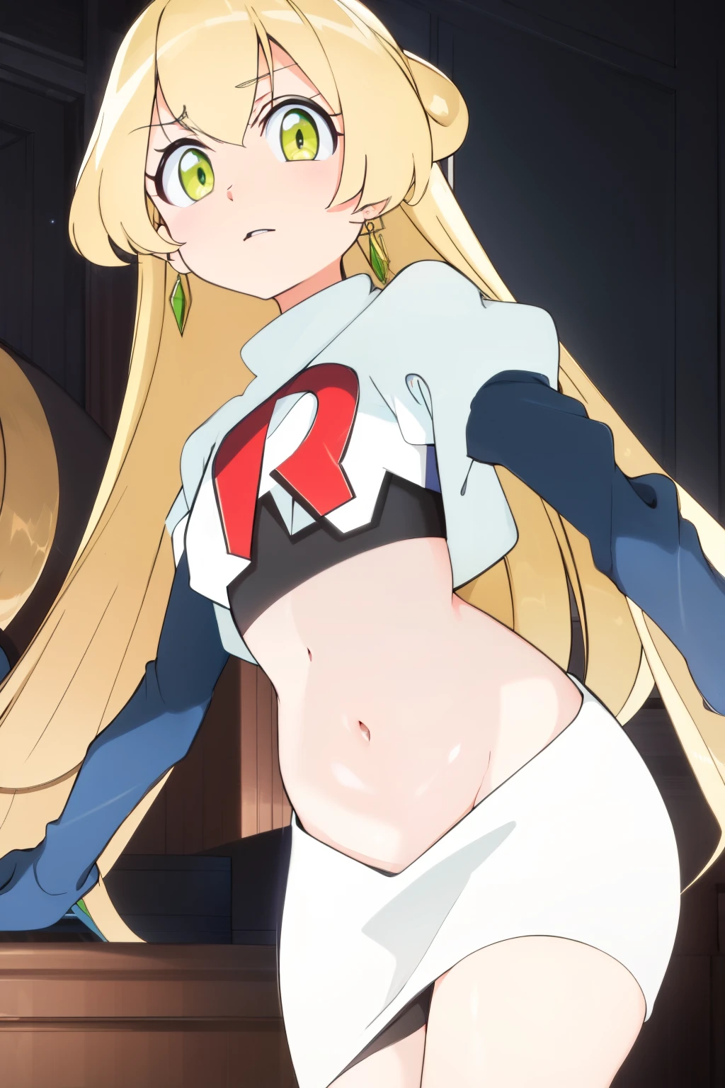teleasterpiece), best quality, earrings, jewelry, blonde hair, long hair, green eyes, 1girl, looking at viewer, solo, bangs, petite, team rocket,team rocket uniform,white skirt,red letter R,crop top,black thigh-highs,black elbow gloves,