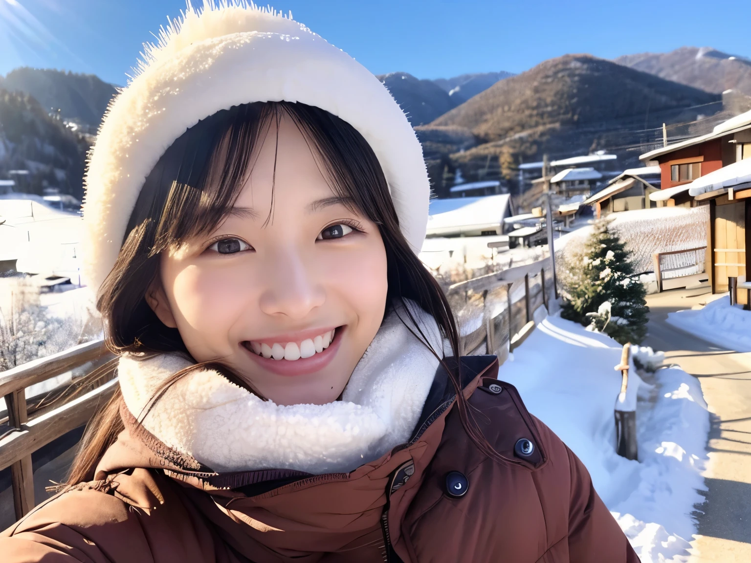 self whitening salon、Instagram post、impressive white teeth、nice smile、beautiful japanese woman、clear、breast enhancement、bright background、Onsen town in winter、Winter attire