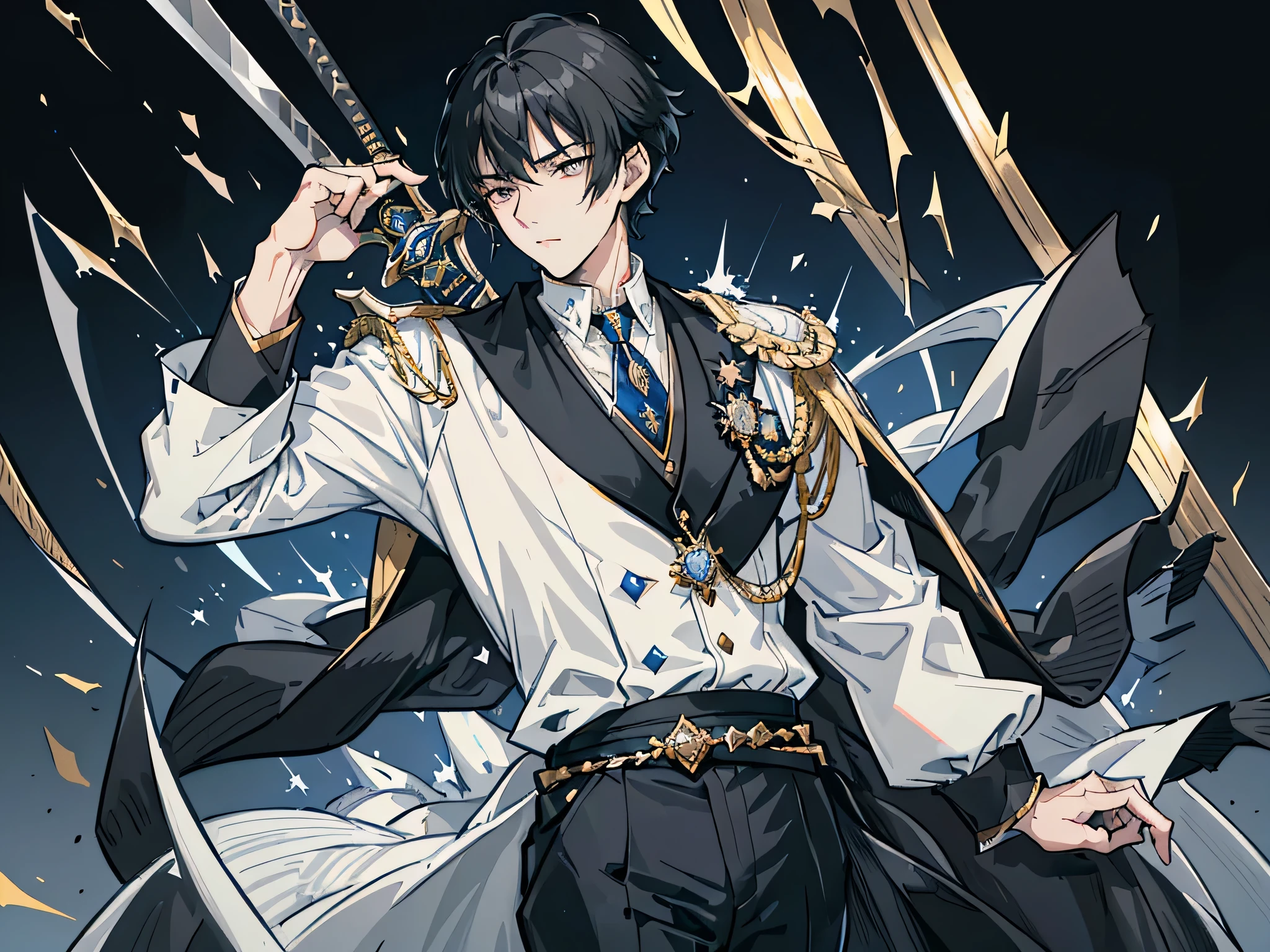 Black hair, sharp gray eyes, wolf cut hair, long bangs, high school boy, anime style, light novel, fancy blue luxurious suit with gold ornaments and white shirt and tie, royal family, knight school, brooding, glittering clothes, masculine, Wada Arko, Fate, one man, one person, overhead view, holding sword
