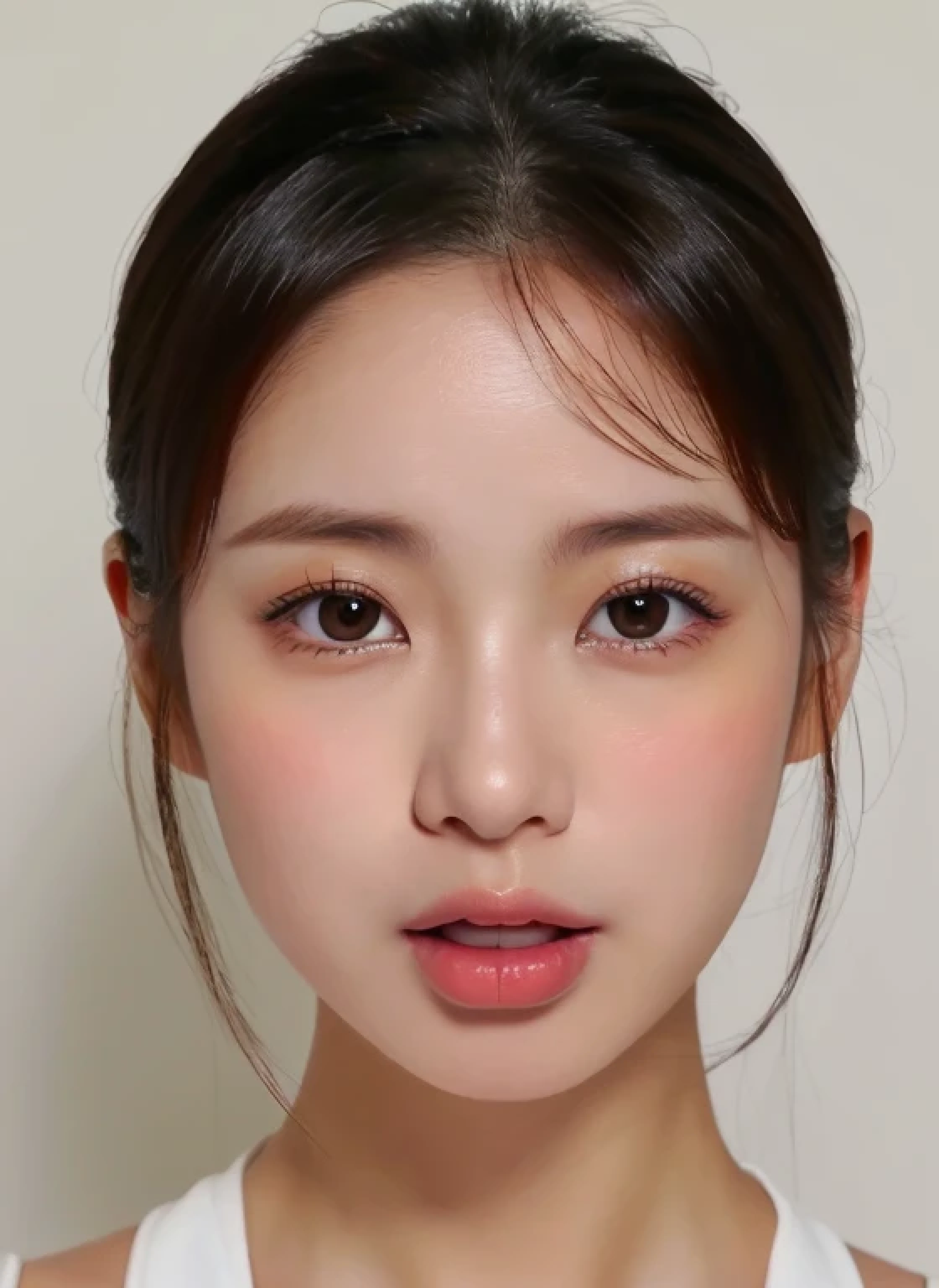 ((Woman sticking out her tongue、cute日本の女の子、beautiful japanese girl、1 girl、clear、19 years old、ponytail、Highly detailed face and skin texture、refinement、super detailed face、highly detailed eyes、Lee Hong、blush、cheek、ピンクのcheekを塗ったcheek、close-up of woman、Breast augmentation、frontを向いている顔、frontを向いている体、look at the camera、front、cute、smooth white skin、Transparent skin texture、))、(dark brown hair、bangs)、beautiful woman with perfect style:1.4、japanese model、young gravure idol、若いcuteグラビアアイドル、Realistic young gravure idol、refinementされたグラビアアイドル、((highest quality、8K、masterpiece:1.3、1photograph))、(4K、RAWphotograph、highest quality)、(realistic、フォトrealistic:1.37)、Place someone on the other side of the screen、Natural light、upper body and head、