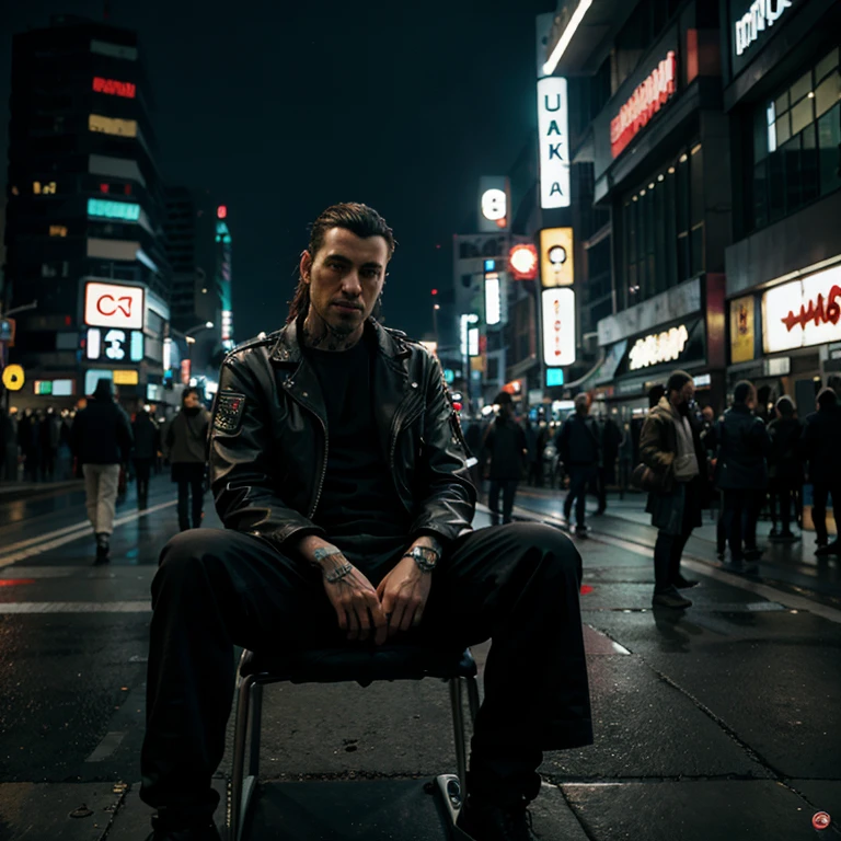 Realistic man sit on chair cyberpunk