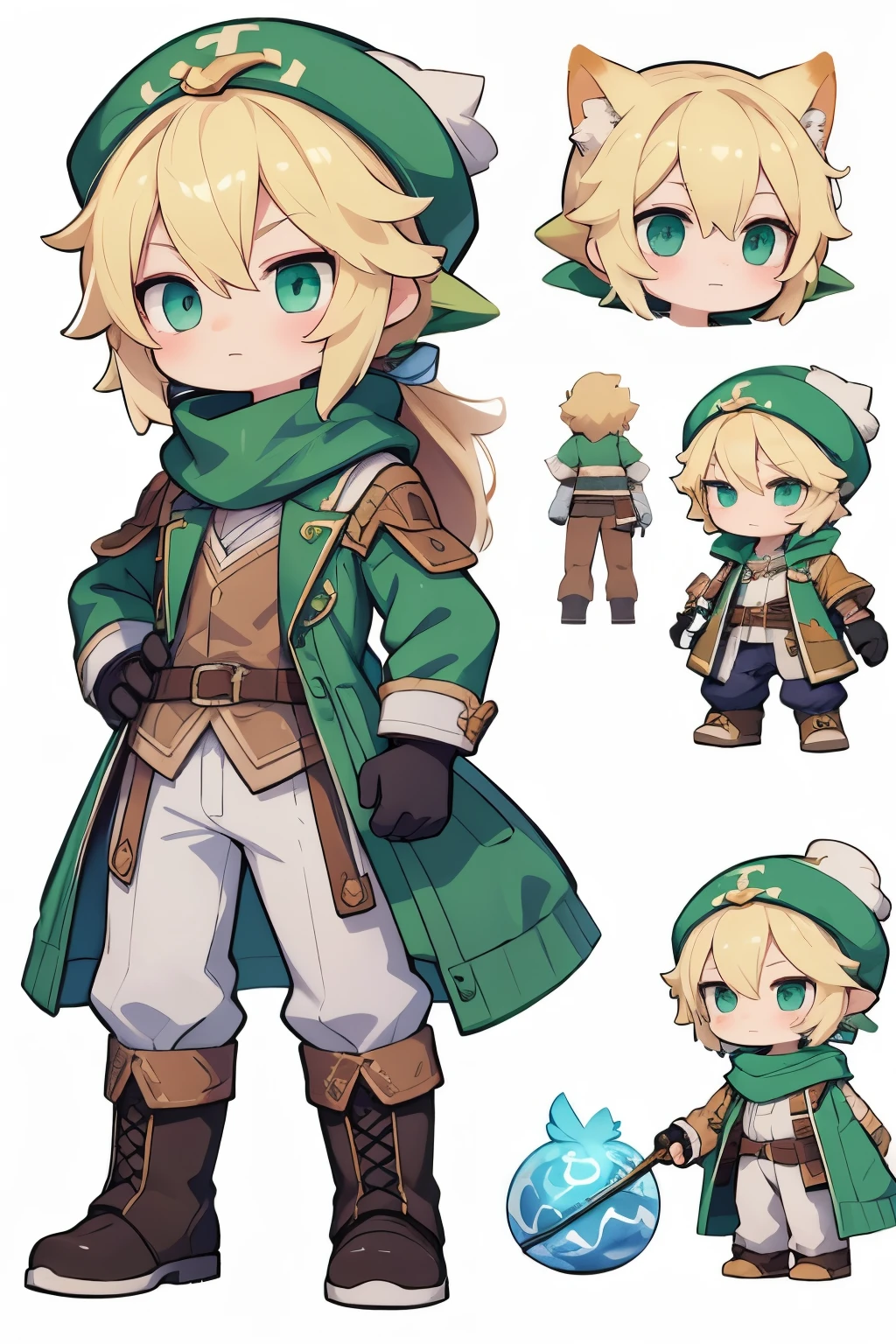 Back, Head Scratching, Anime Character in Brown Hat and Gloves and Green Scarf, Single, Standing Painting, Art Style of Rune Factory 5, Character Art of Maple Story, Larrafael, Rune Factory 5, Cute Character, ((Character Concept Art)), Maple Story Gun Boy, Equip Aurora, Style of Maple Story, Character Tame, Male Explorer Mini Cute Boy, Official Character Art, Clear Costume Design