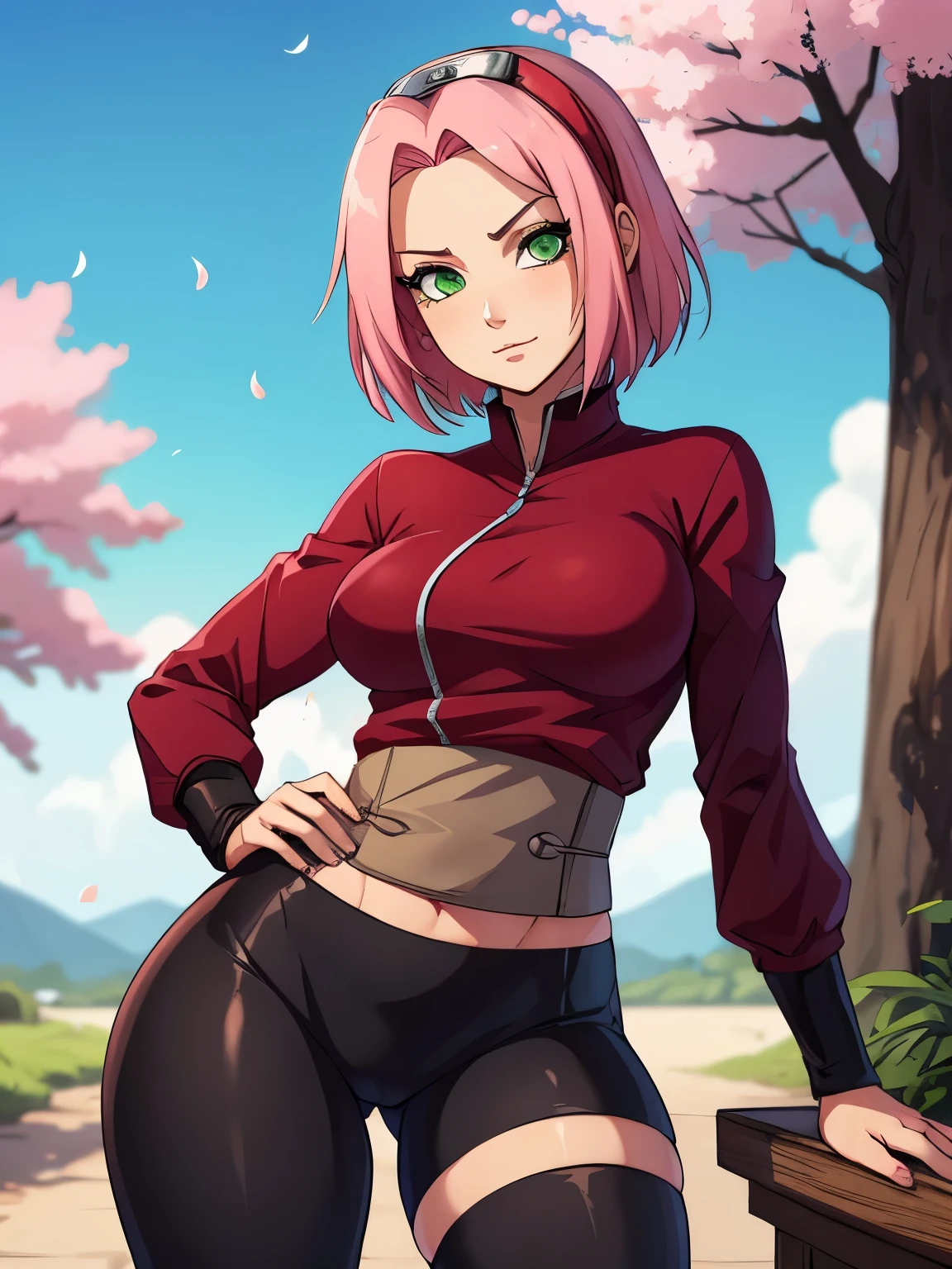 ((ultra quality)), ((masterpiece)), haruno sakuro, naruto, ((pink short hair)), (beautiful cute face), (beautiful female lips), charming, ((sexy facial expression)), looks at the camera, eyes slightly open, (skin color white), (blue skin), glare on the body, ((detailed beautiful female eyes)), ((green eyes)), (juicy female lips), (black eyeliner), (beautiful female hands), ((ideal female figure)), ideal female body, beautiful waist, gorgeous thighs, beautiful small breasts, ((subtle and beautiful)), stands temptingly (close up of face), (sakura haruno clothing, black tight shorts leggings, Hidden Leaf Village shinobi clothing) background: hidden leaf village, naruto shippuden, ((depth of field)), ((high quality clear image)), (clear details), ((high detail)), realistically, professional photo session, ((clear focus)), anime