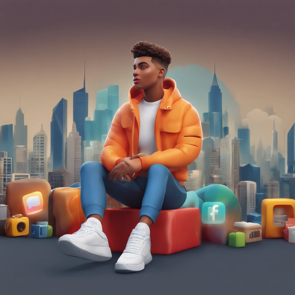 Create a 3D illustration of an animated character sitting casually on top of social media logo " Instagram". The character must wear causal modern clothing such as Jeans jacket sneakers shoes. The background of the image is a social media profile page with username "yourname123" and a profile picture that matches animated character.