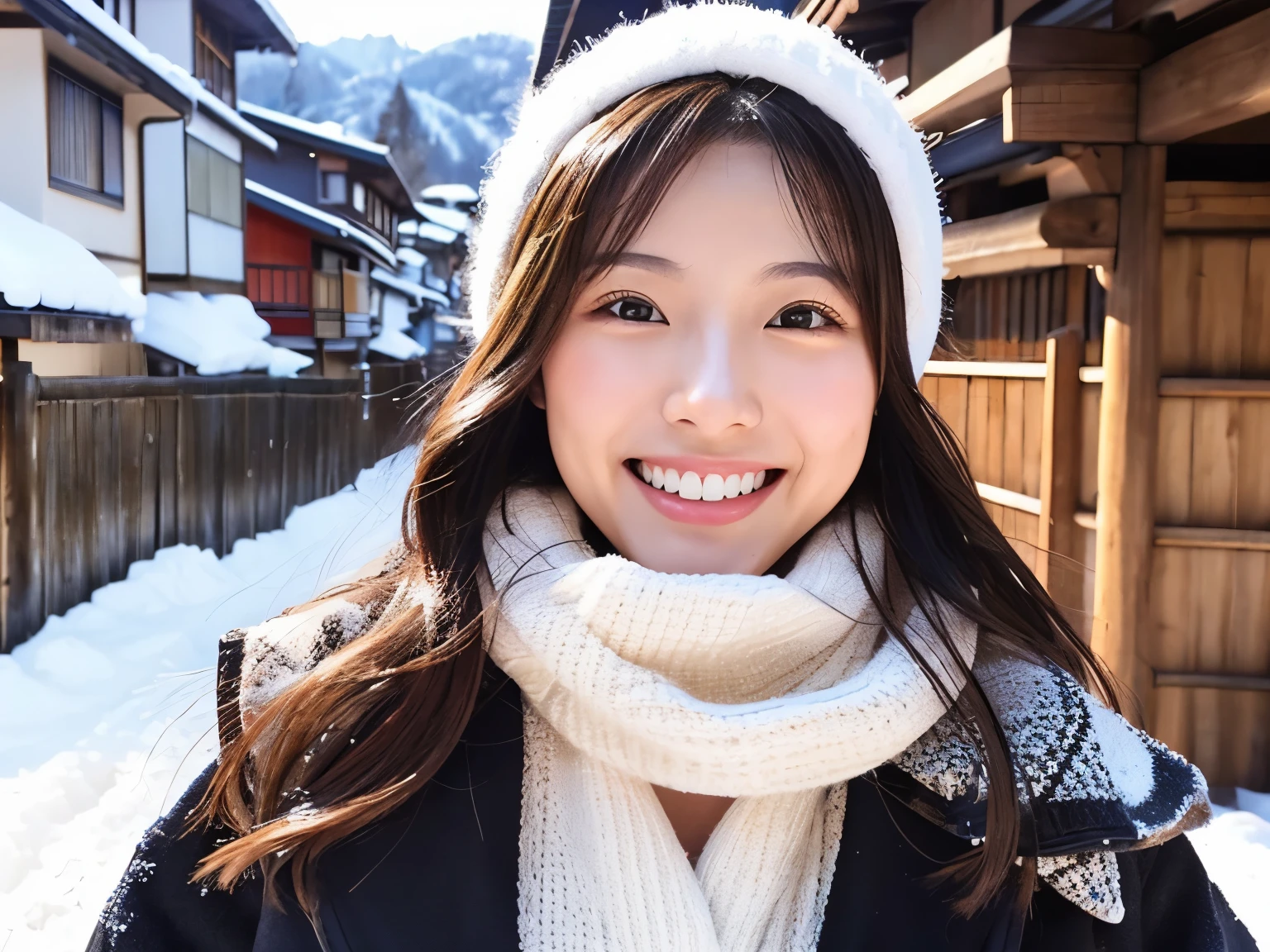 self whitening salon、Instagram post、impressive white teeth、nice smile、beautiful japanese woman、clear、breast enhancement、bright background、Onsen town in winter、Winter attire