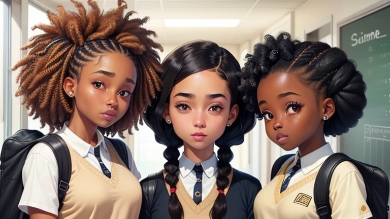 There are 3 black girls, black girl number 1 is wearing  braids in a bun up, black girl number 2 is wearing goddess braids down, theres a black girl who has a hijab, theres another black girl with a natural small afro. Theres a tan girl who has straight brown hair. They're in school uniform.