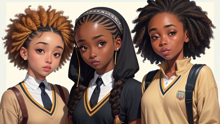There are 3 black girls, black girl number 1 is wearing braids in a bun up, black girl number 2 is wearing goddess braids down, theres a black girl who has a hijab, theres another black girl with a natural small afro. Theres a tan girl who has straight brown hair. They're in school uniform.