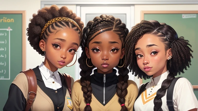 There are 3 black girls, black girl number 1 is wearing  braids in a bun up, black girl number 2 is wearing goddess braids down, theres a black girl who has a hijab, theres another black girl with a natural small afro. Theres a tan girl who has straight brown hair. They're in school uniform.