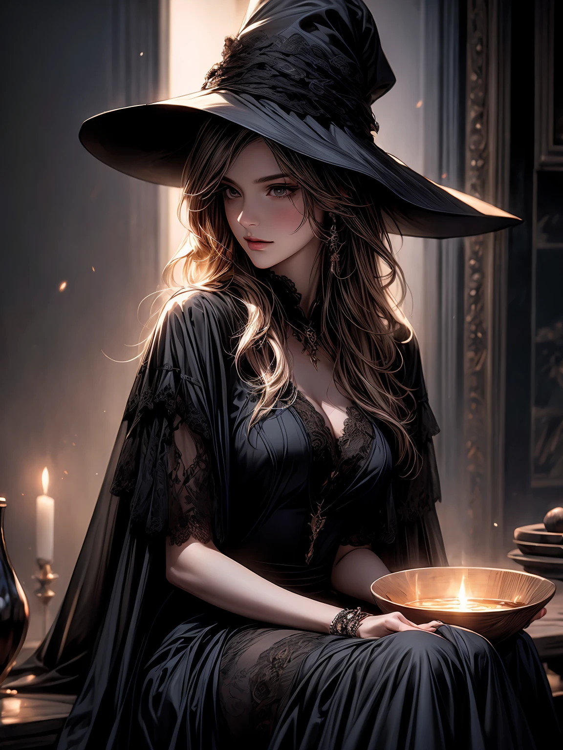 tall mysterious girl,wide brimmed hat,lace minidress,black cloak,sitting on a chair or wall,by a cauldron,ar9:16,stylize950,niji,ultra-detailed,realistic,best quality,4k,8k,highres,masterpiece:1.2,ultra-fine painting,professional,vivid colors,charcoal sketch effect,magical lighting.