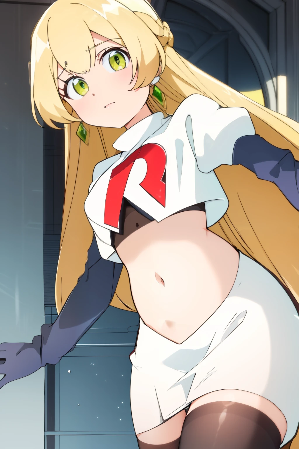 teleasterpiece), best quality,  earrings, jewelry, blonde hair, long hair, green eyes, 1girl, looking at viewer, solo, bangs, petite, team rocket,team rocket uniform,white skirt,red letter R,crop top,black thigh-highs,black elbow gloves,