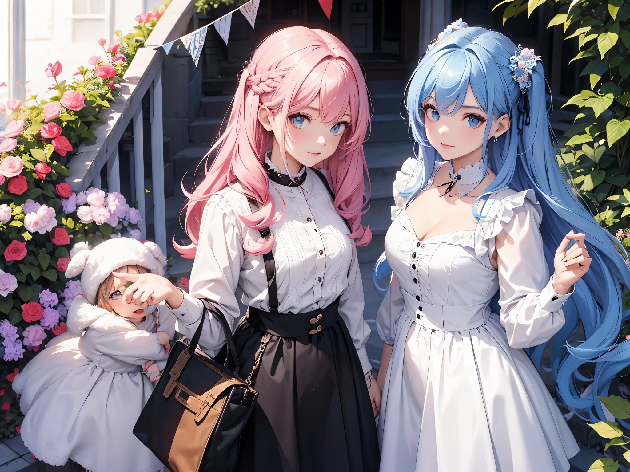 twins sister, hairstyles different, hair colors different, eye colors different, iris colors different, outfit styles different,