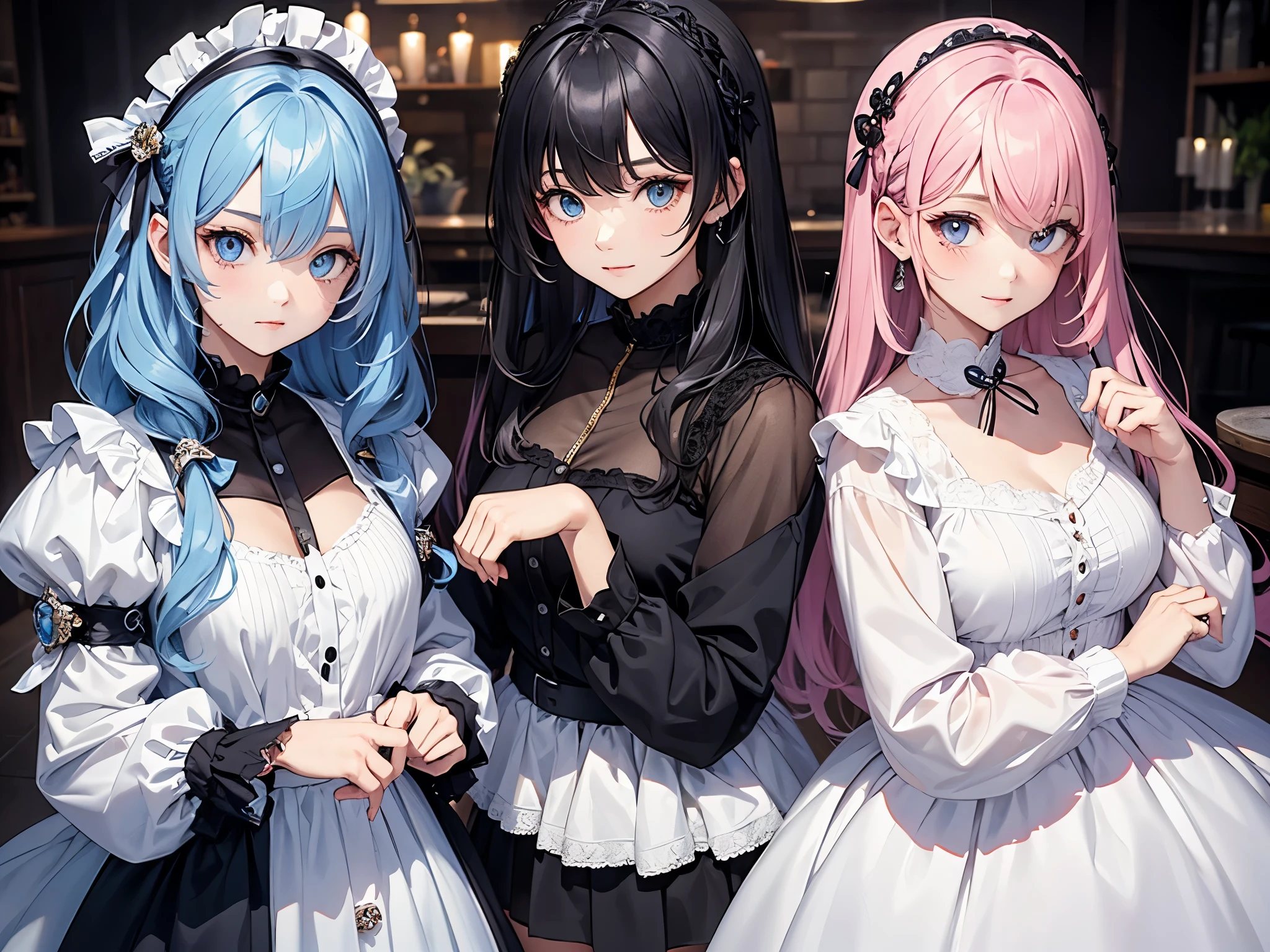 twins sister, hairstyles different, hair colors different, eye colors different, iris colors different, outfit styles different,