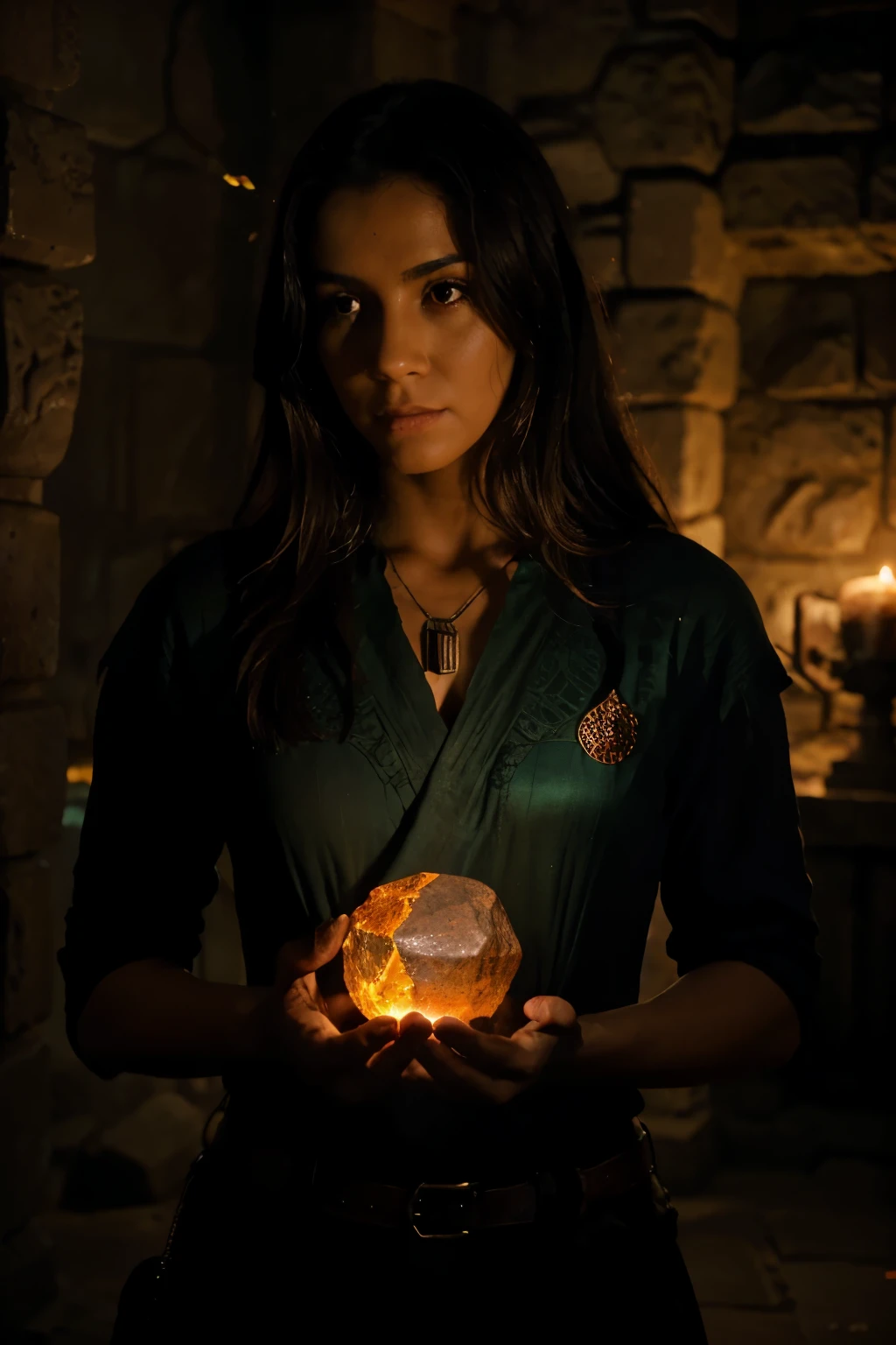 An indiana jones type character is seen in a lucasarts style, holding a glowing oblong stone within a dark dungeon temple. The temple is set against a backdrop of a large lava molten pit, creating a sense of danger and adventure. The character's face shows determination as they carefully examine the stone. The lighting is dim, with dramatic shadows cast across the stone and the temple walls, enhancing the mysterious atmosphere. The stone emits a soft, ethereal glow, illuminating the character's face and adding a touch of magic to the scene. The temple's architecture is ancient and intricate, with ornate carvings and moss-covered walls. The colors are rich and vibrant, with deep reds and oranges from the lava and contrasting cool blues and greens in the stone and surroundings. The scene is highly detailed, capturing every texture and material with realism and precision, drawing the viewer into this captivating world of exploration and discovery.