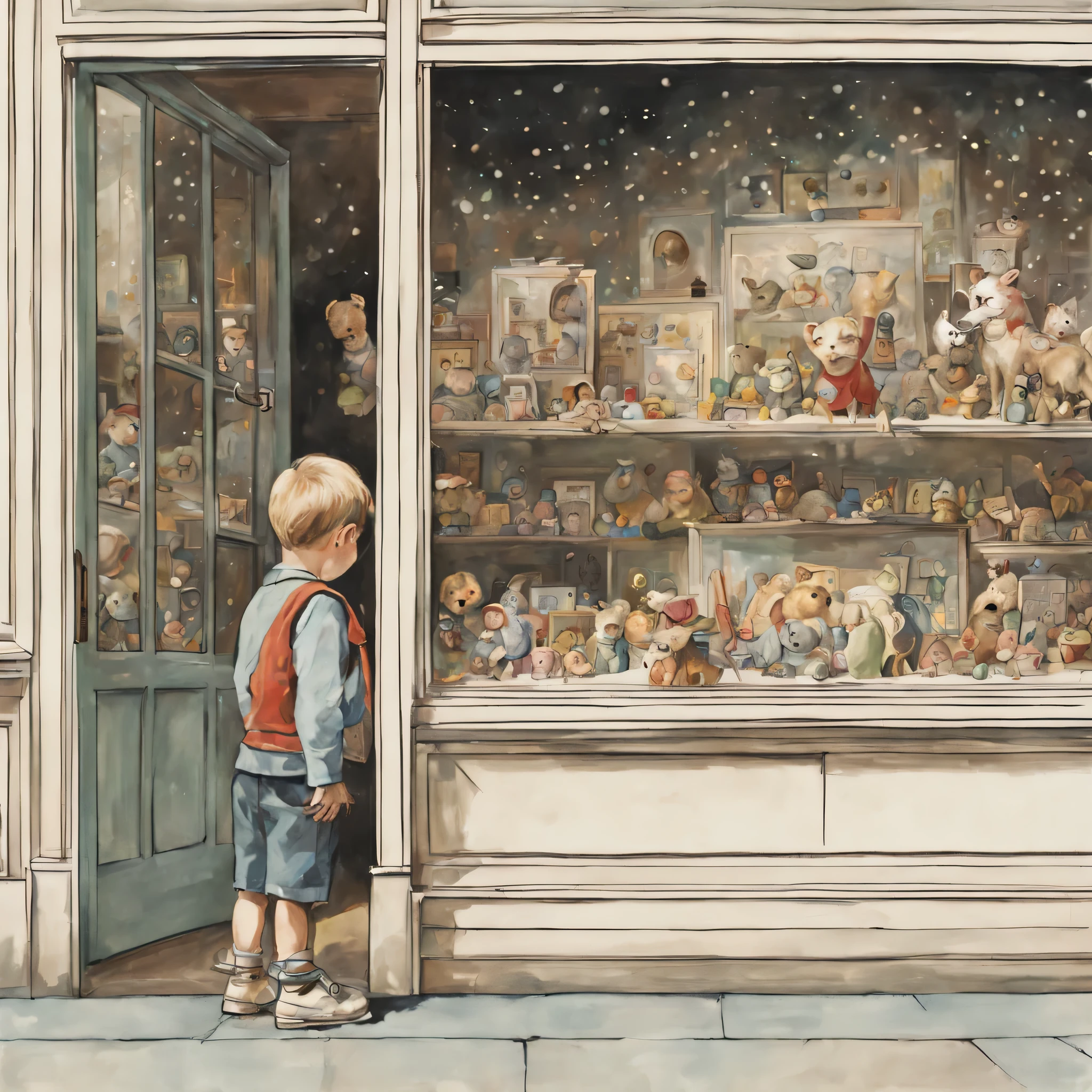 A boy looking into a toy store window, picture book-style,