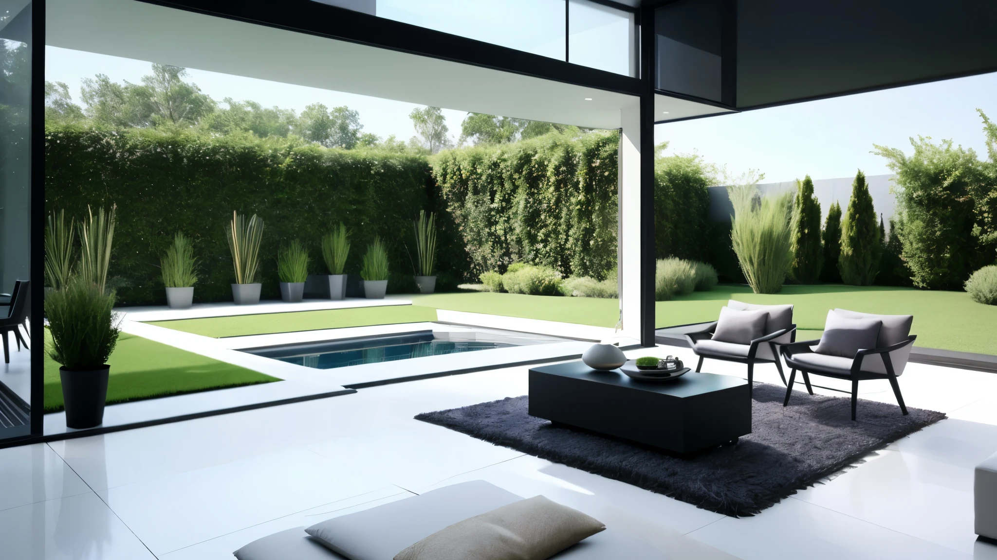You are a famous interior designer、You have been asked to create a 3D image of a modern large room. Create a harmonious environment with modern and minimalist furniture. Including garden interior.