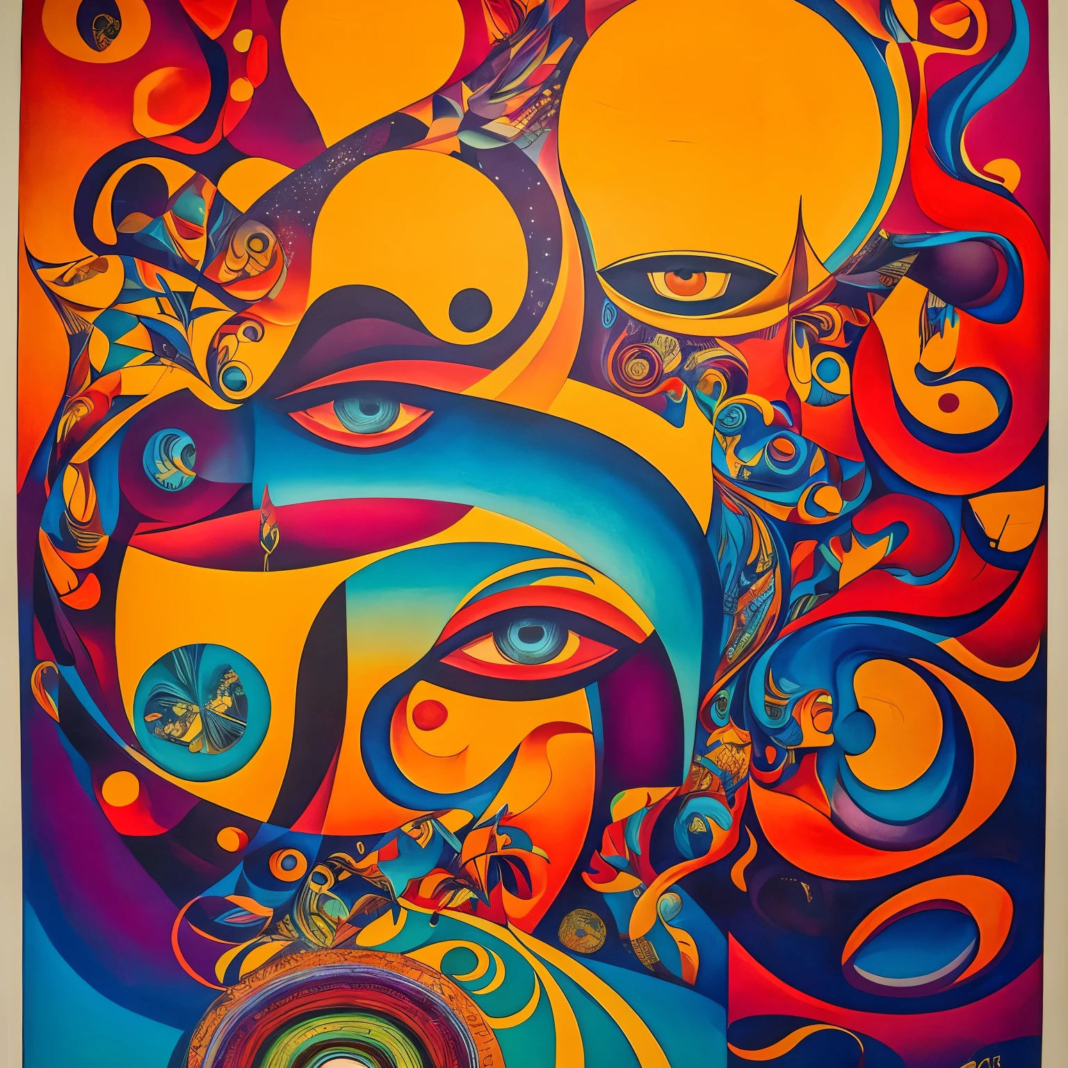 a 1960s filmore east san francisco california psychedelic concert poster with a beautiful woman's face melting in paint and with a pyramid with one eye in the center in the front and mushrooms with fairies sitting and wax melting in paint and letters in style fonts psychedelic experimental surrealist style