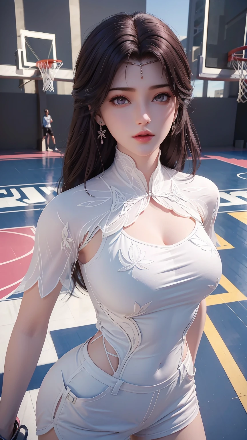 （RAW photos，4 k，A Masterpiece，Highretremely intricaifelike：1 girl.4 pcs），Cinematic lighting Delicate girl with facial features，The chest  extra-big
1 girl Girl， Single focus， summer noon， Hot， Pink basketball jersey gym 1 girl 990s\（stylized\），White and tender skin，The chest  extra-suk ，short pants，perspire，(Bestquality), (Highres), (an extremely delicate and beautiful),,(Beautiful 8k face),(brown eye),(Ulzzang-6500:1 girl.0),(solo),(lookside),(Viewer),(large breast),(NBA),it's over,,lookside,(side), ,(Basketball sportswear),((Play basketball)),((gymnasium)),((speed)),(reality),