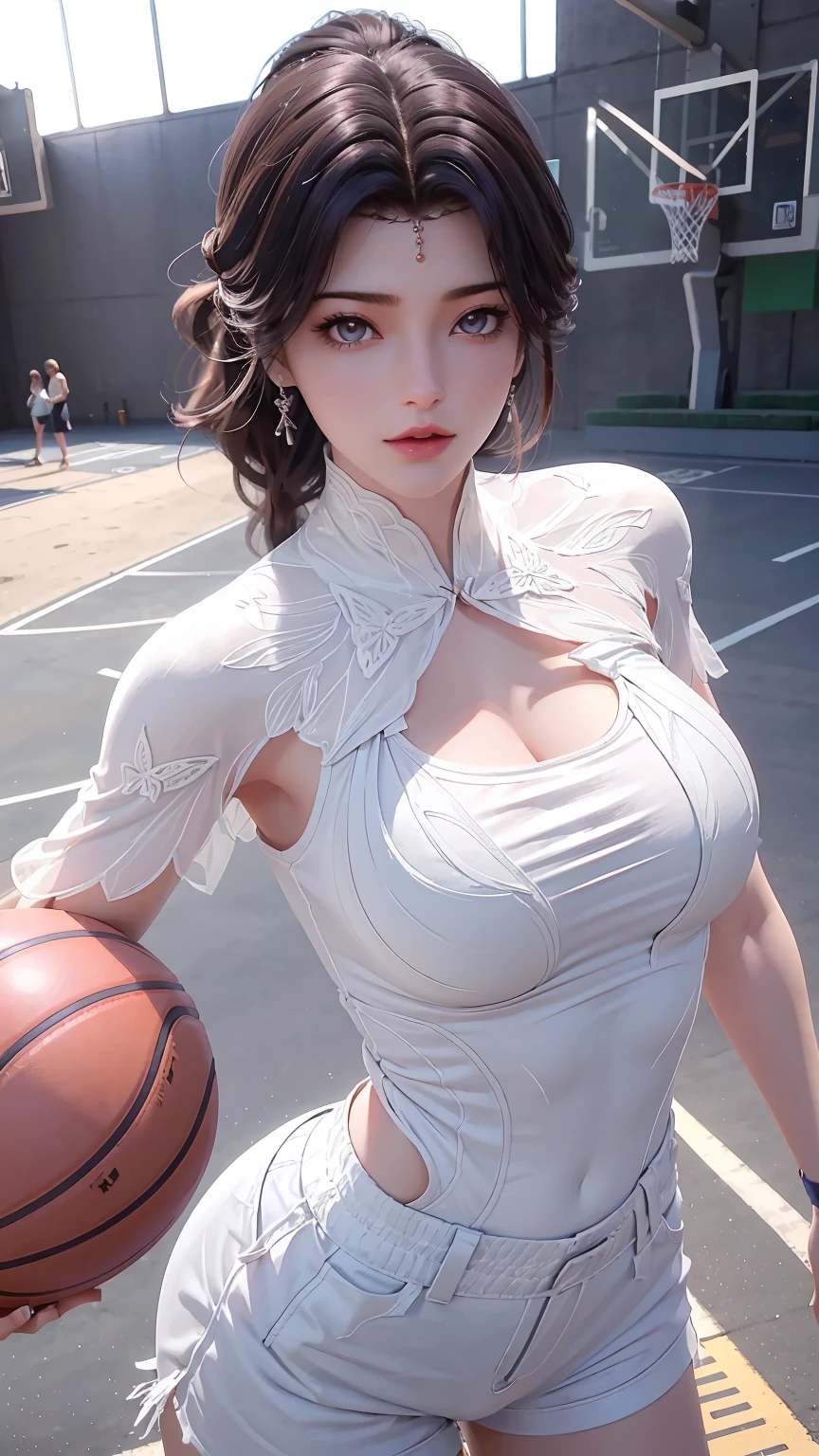 （RAW photos，4 k，A Masterpiece，Highretremely intricaifelike：1 girl.4 pcs），Cinematic lighting Delicate girl with facial features，The chest  extra-big
1 girl Girl， Single focus， summer noon， Hot， Pink basketball jersey gym 1 girl 990s\（stylized\），White and tender skin，The chest  extra-suk ，short pants，perspire，(Bestquality), (Highres), (an extremely delicate and beautiful),,(Beautiful 8k face),(brown eye),(Ulzzang-6500:1 girl.0),(solo),(lookside),(Viewer),(large breast),(NBA),it's over,,lookside,(side), ,(Basketball sportswear),((Play basketball)),((gymnasium)),((speed)),(reality),