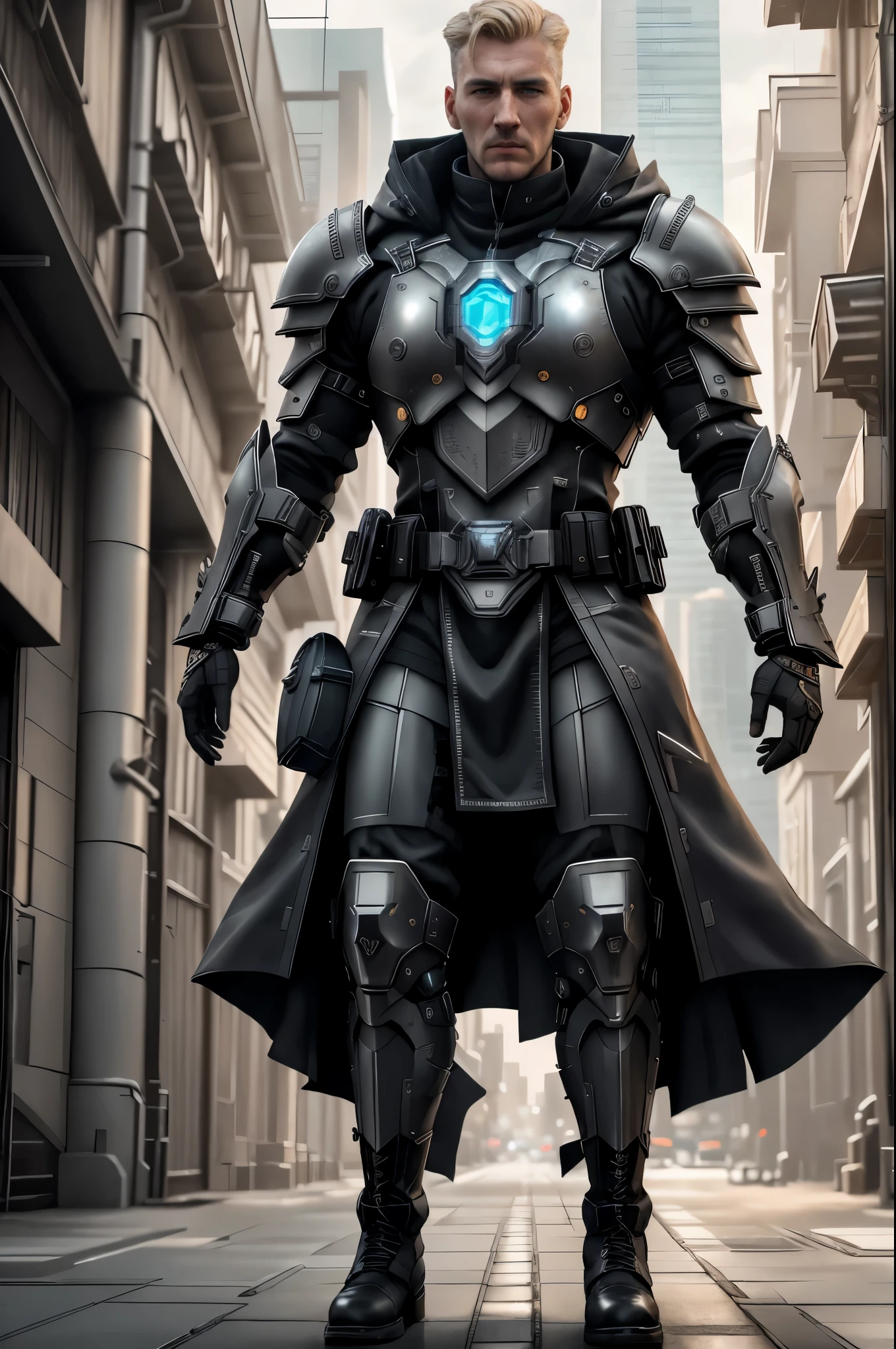 (Best Quality, 8K, Masterpiece, Ultra HD: 1.3, Ultra quality cinematic lighting, Huge detail, Well lit, 35mm, sharp, hyper realistic, epic scale, insane level of details), 1man, a futuristic-looking male military commander, (looking to the camera), photo of (large men) with very short ((blonde)) hair and (wide round face), very detailed realistic face, very detailed realistic eyes, (((face lit well))), face focus, (no helmet:1.5), wearing a pair of (iron grey gloves) and (black military boots), dressed in (grey armor without helmet), standing in cyberpunk city