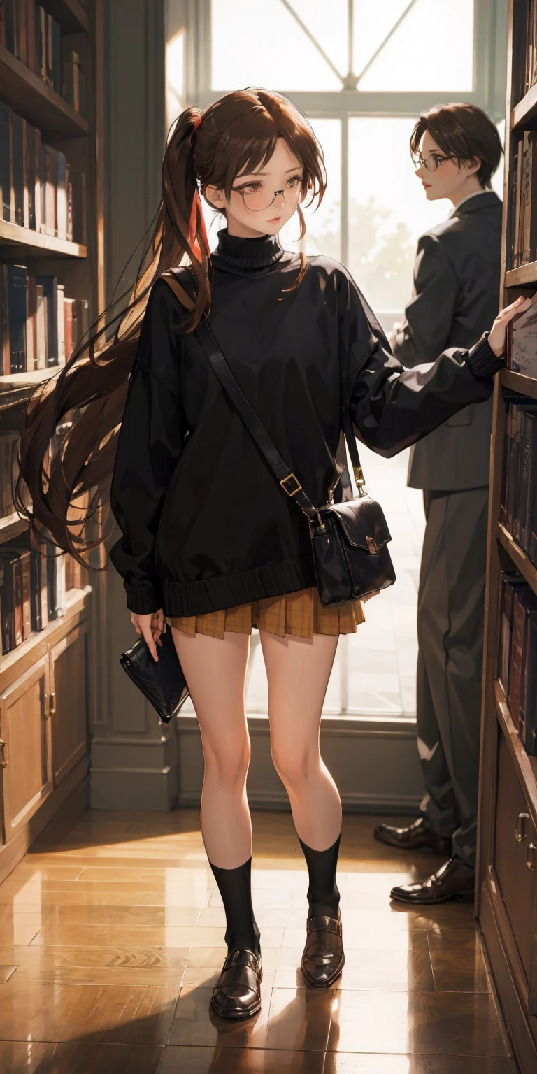 full-body close-up, create an elegant atmosphere, (masterpiece),(best quality), glasses, chakumomi, pov hand, breast grab, (embarrassed),sweater, in library, standing on wood floor