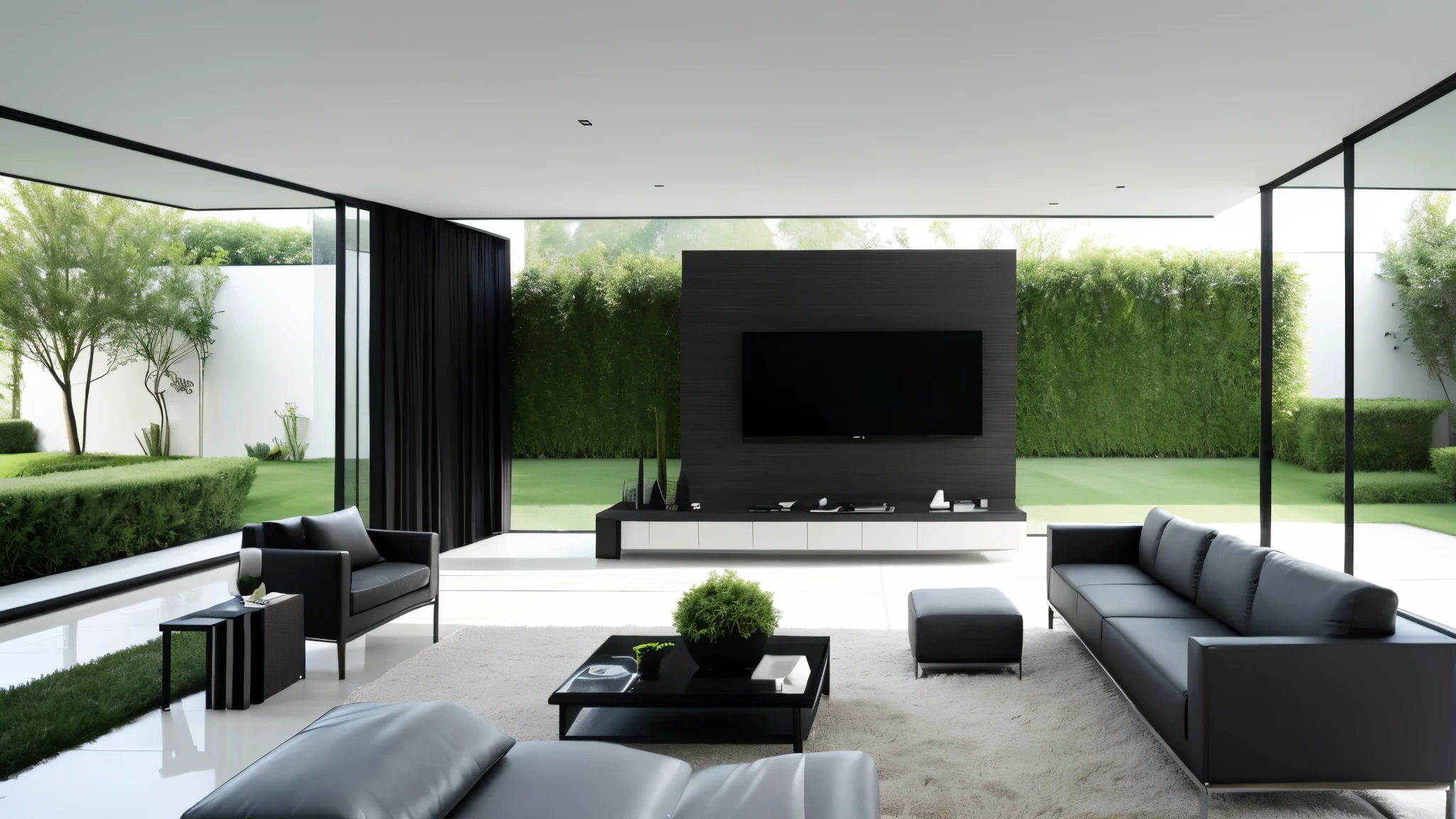 You are a famous interior designer、You have been asked to create a 3D image of a modern large room. Create a harmonious environment with modern and minimalist furniture. Including garden interior.
