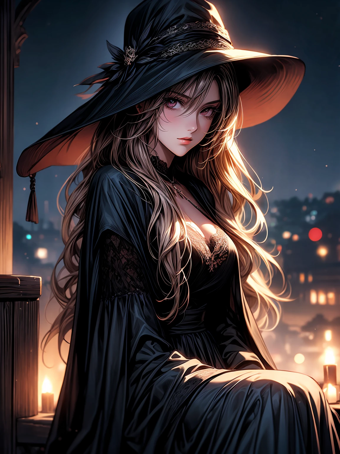 tall, mysterious girl, wide brimmed hat, lace minidress, black cloak, sitting, casting a spell, cauldron, AR 9:16, stylize 950, Niji, (best quality:1.2), ultra-detailed, realistic:1.37, HDR, UHD, studio lighting, bokeh, portraits, vivid colors, cool tones, soft lighting, 90s anime style