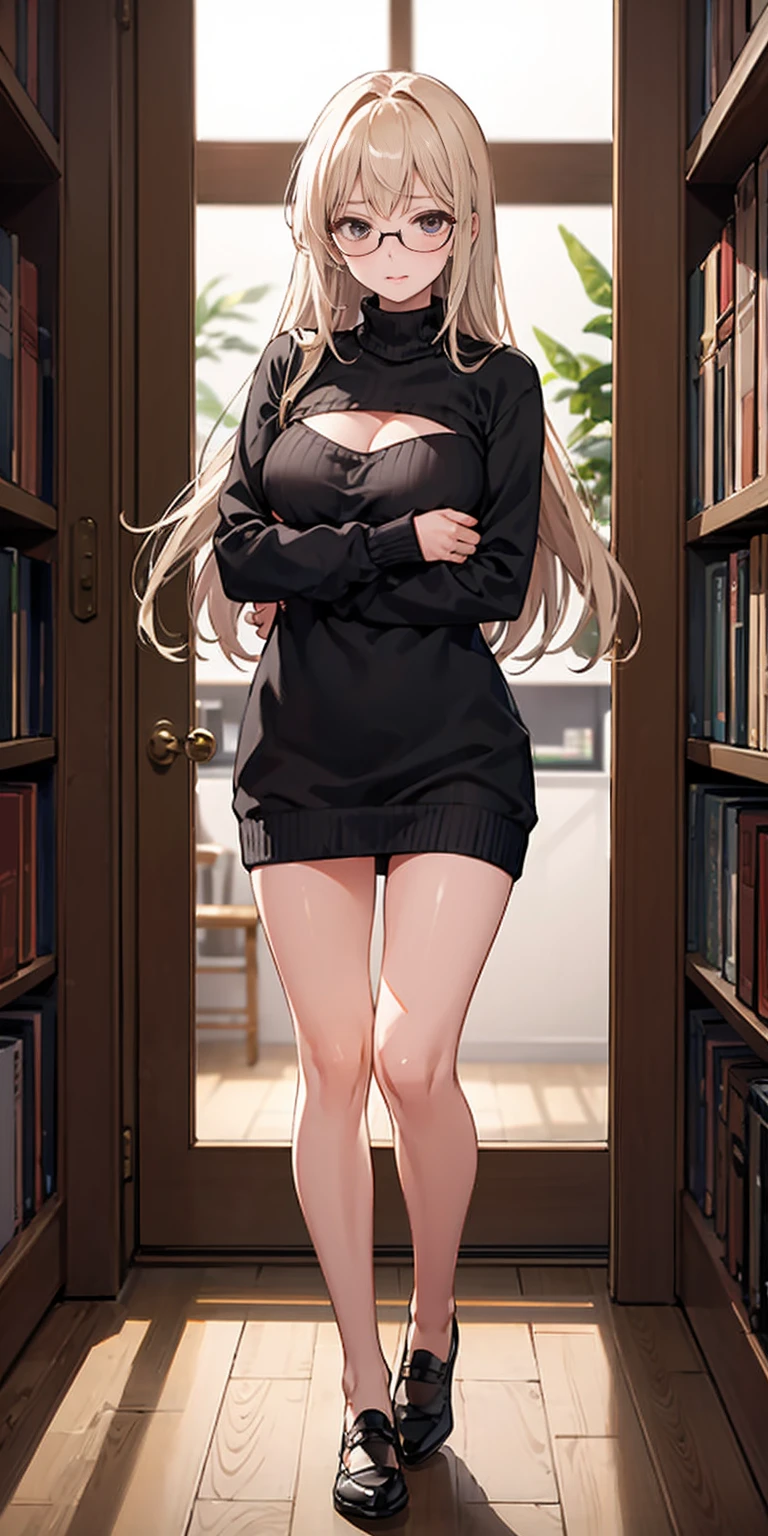 full-body close-up, create an elegant atmosphere, (masterpiece),(best quality), glasses, chakumomi, pov hand, breast grab, (embarrassed),sweater, in library, standing on wood floor